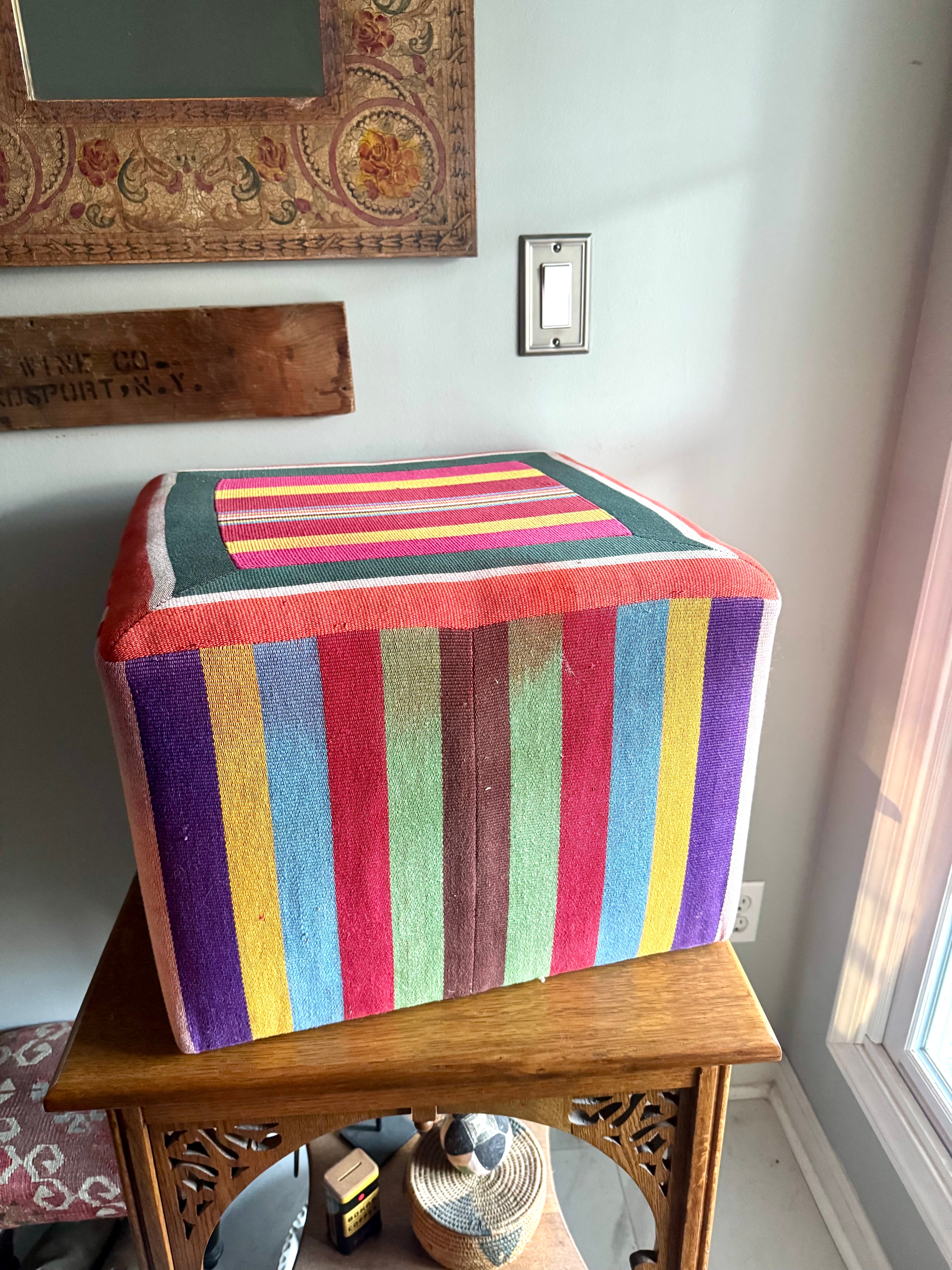 Vtg Colorful Striped Square Pouf | Striped Colorful Boho Ottoman