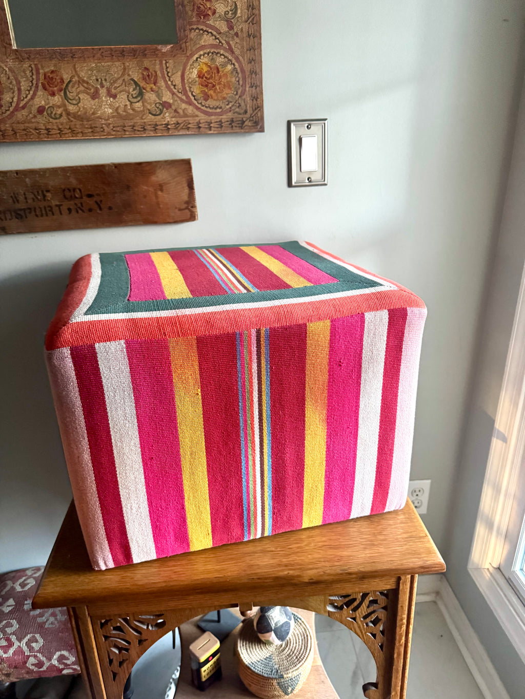 Vtg Colorful Striped Square Pouf | Striped Colorful Boho Ottoman