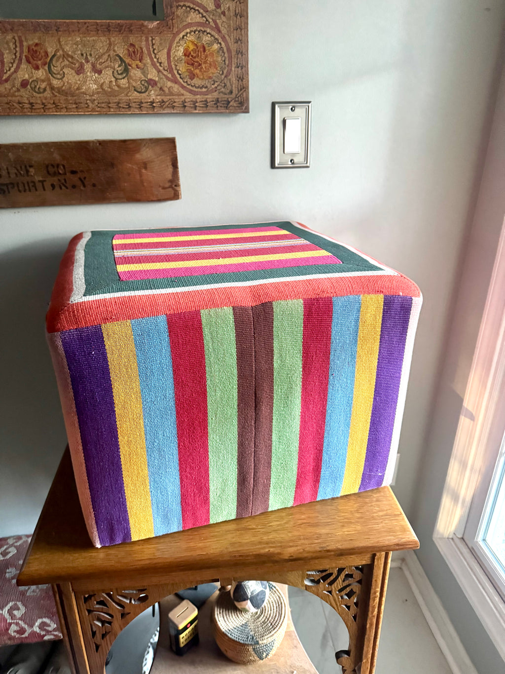 Vtg Colorful Striped Square Pouf | Striped Colorful Boho Ottoman