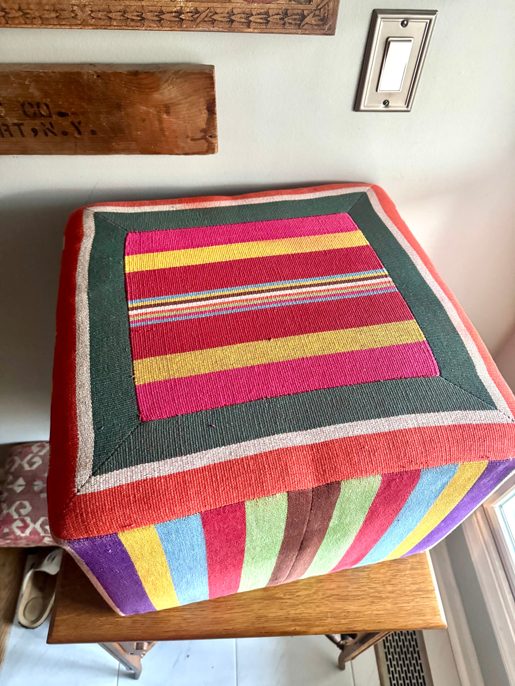 Vtg Colorful Striped Square Pouf | Striped Colorful Boho Ottoman