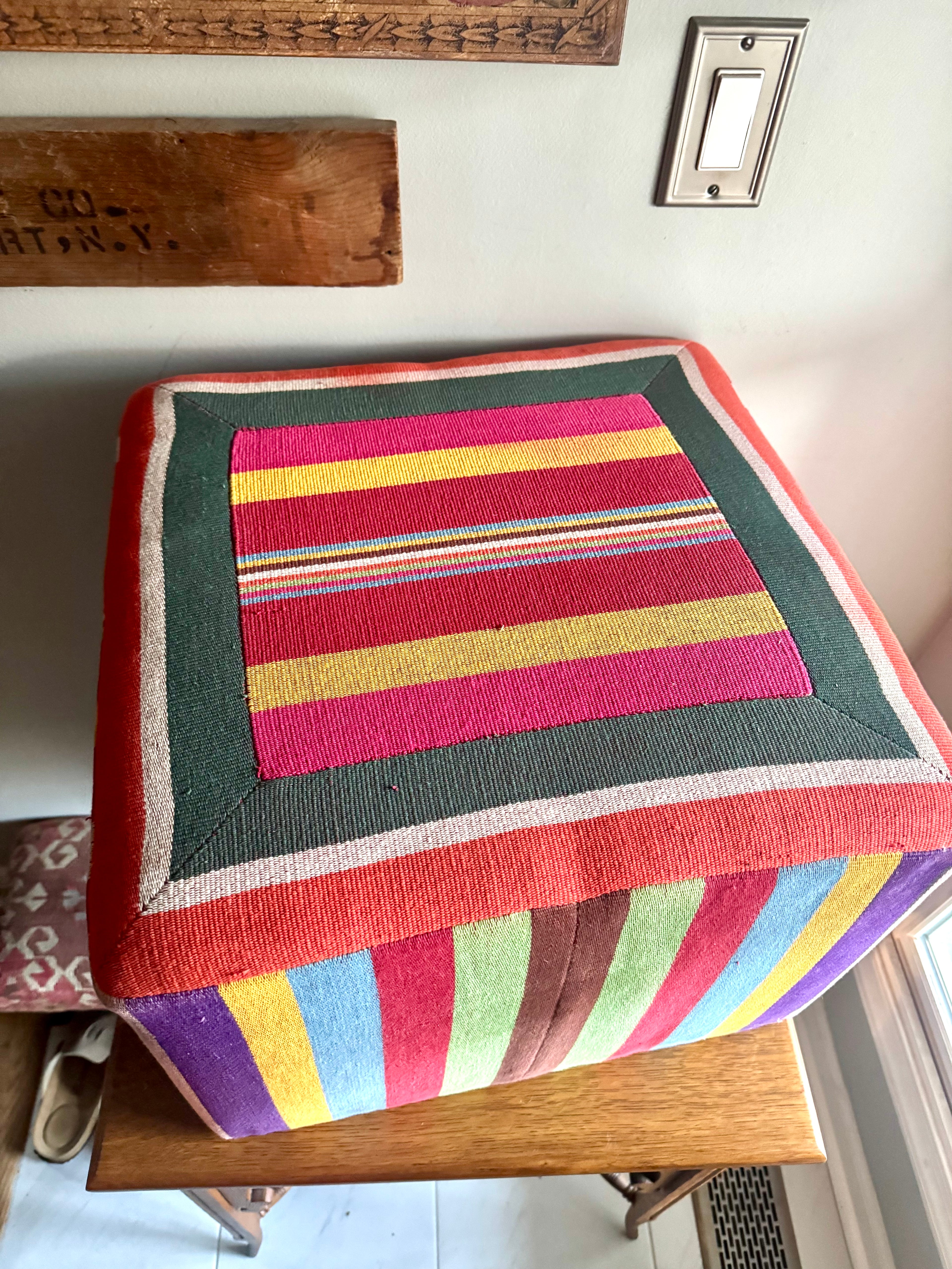 Vtg Colorful Striped Square Pouf | Striped Colorful Boho Ottoman