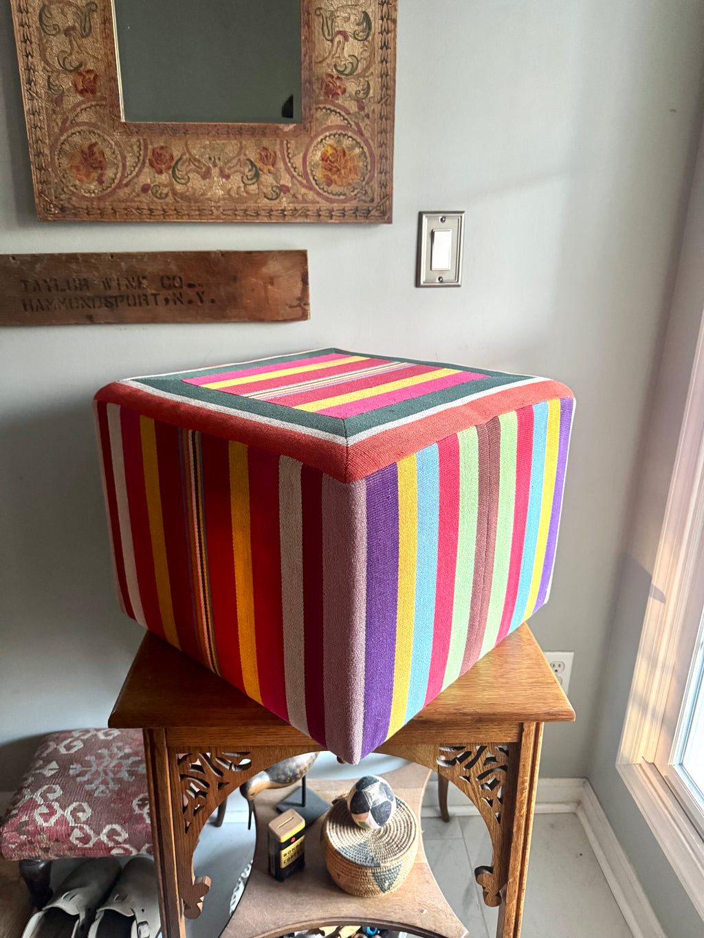 Vtg Colorful Striped Square Pouf | Striped Colorful Boho Ottoman