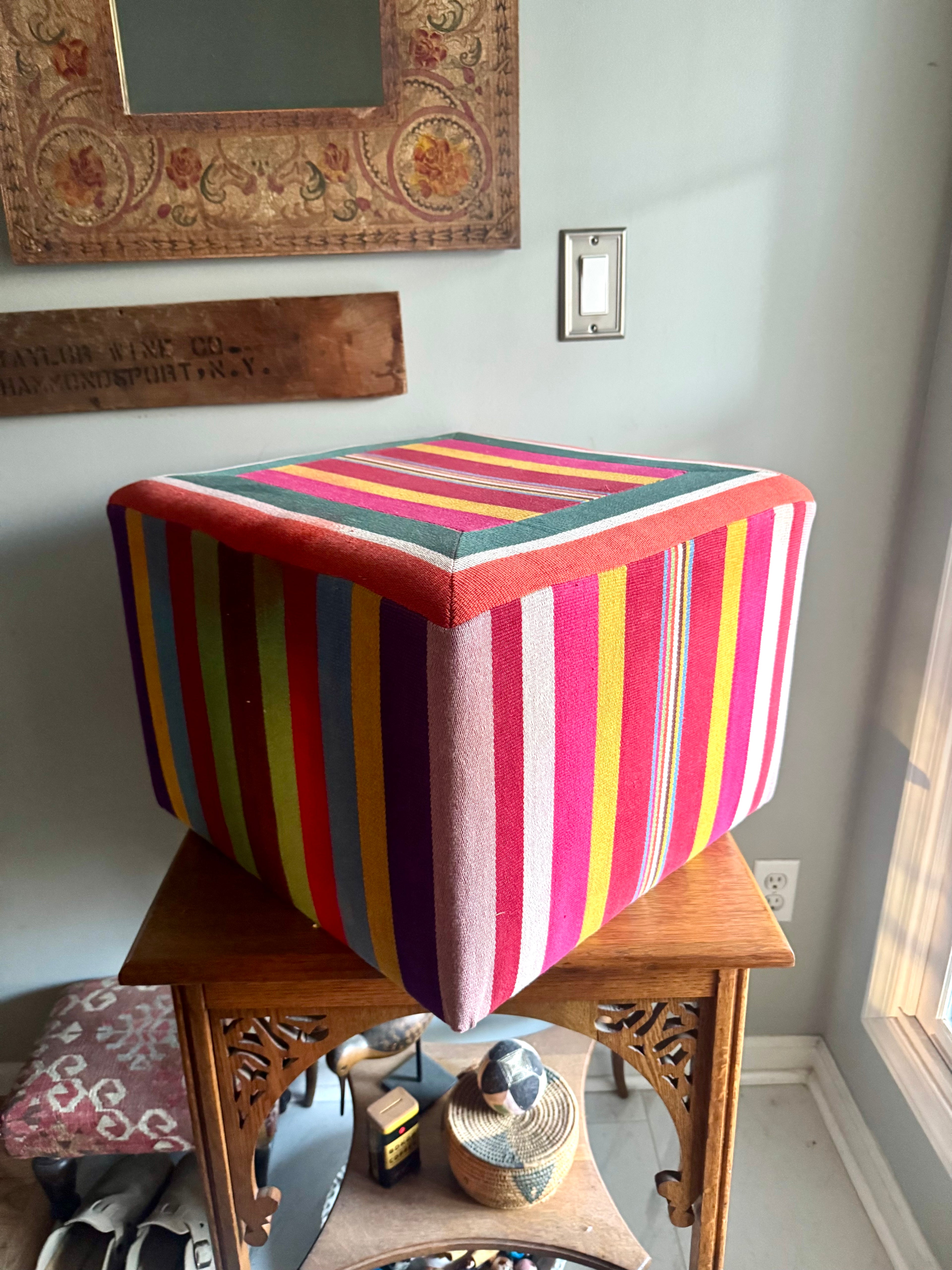 Vtg Colorful Striped Square Pouf | Striped Colorful Boho Ottoman