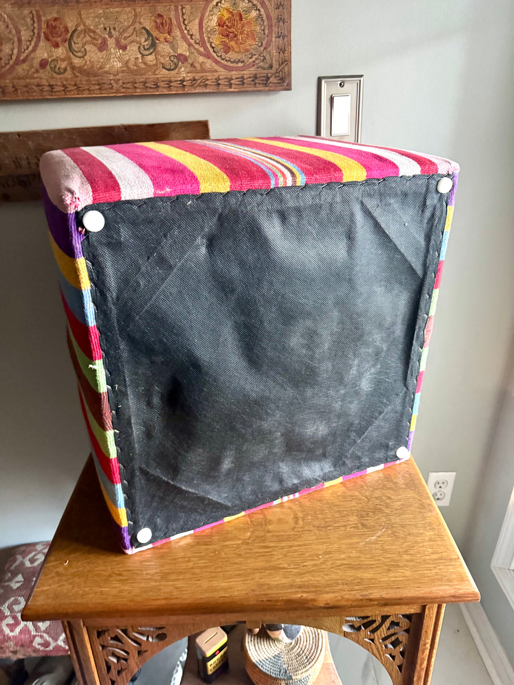 Vtg Colorful Striped Square Pouf | Striped Colorful Boho Ottoman