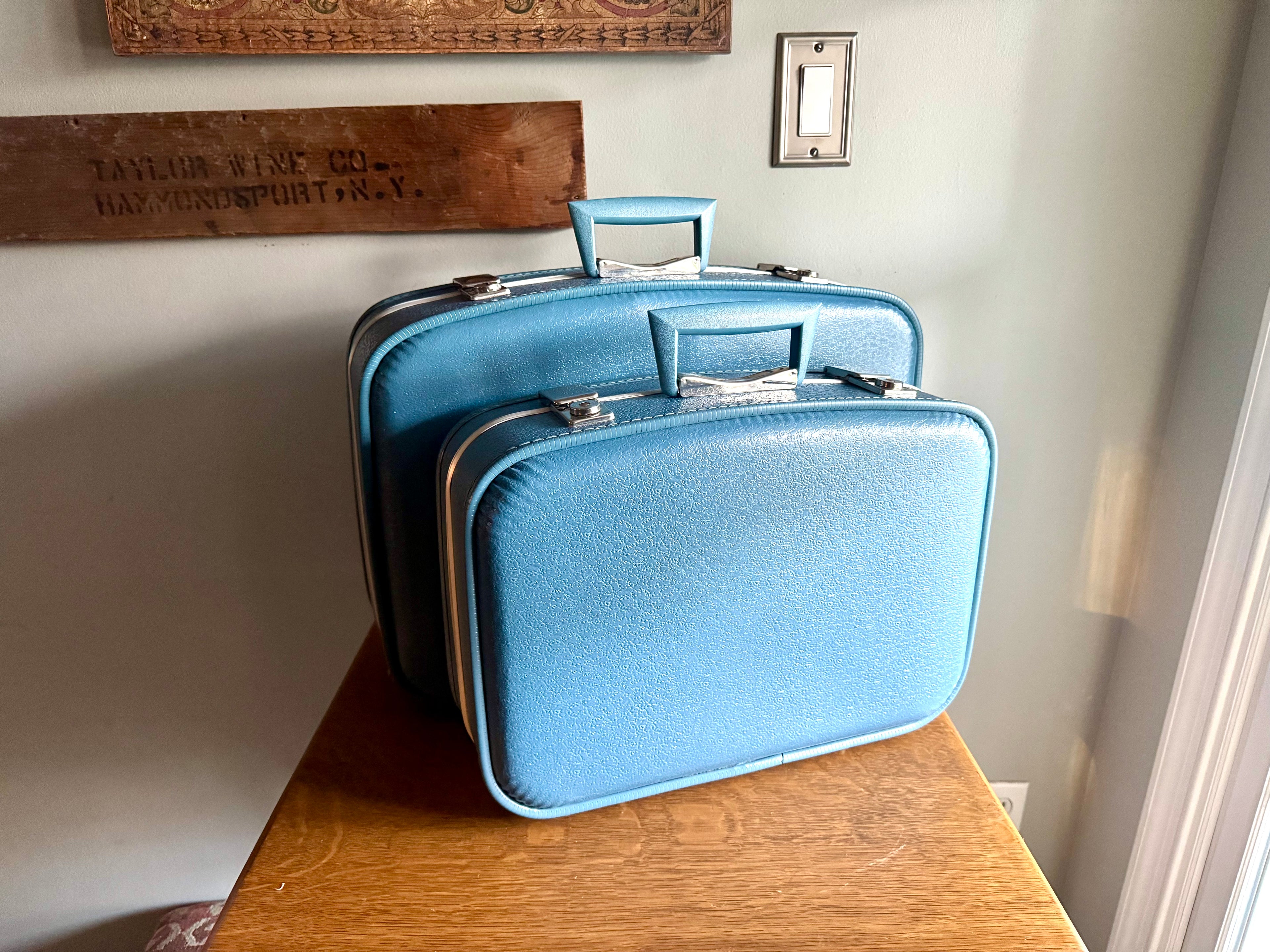 Vtg Pair of Blue Vinyl Nesting Suitcases | 1970's Matching Vinyl Luggage