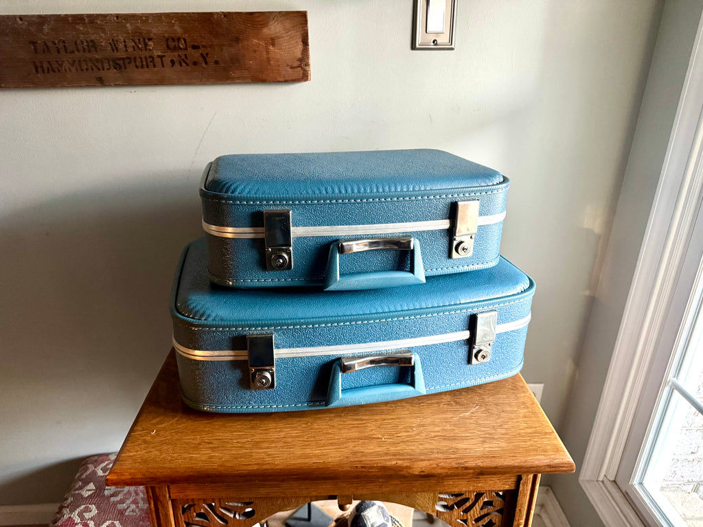 Vtg Pair of Blue Vinyl Nesting Suitcases | 1970's Matching Vinyl Luggage