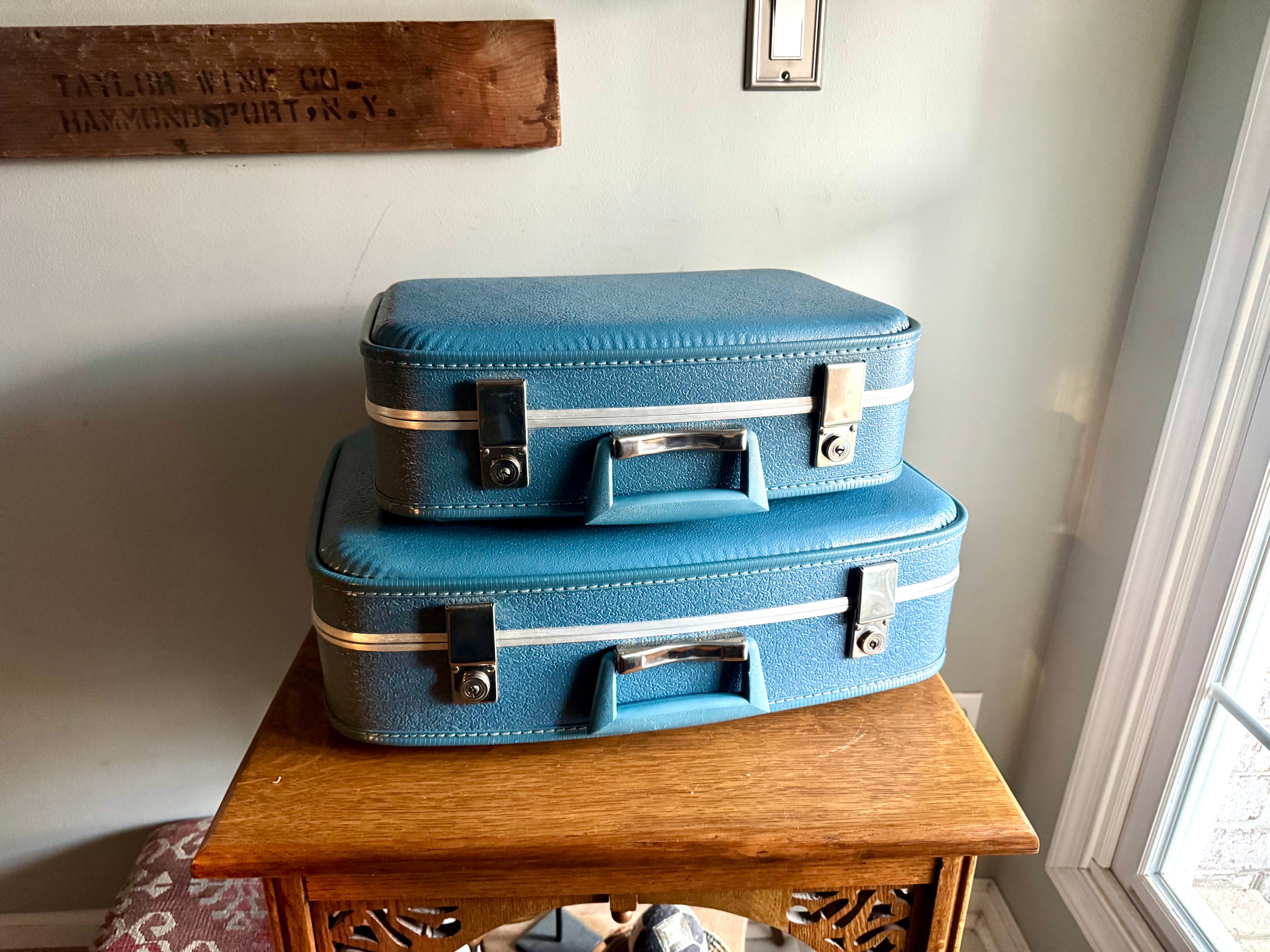Vtg Pair of Blue Vinyl Nesting Suitcases | 1970's Matching Vinyl Luggage