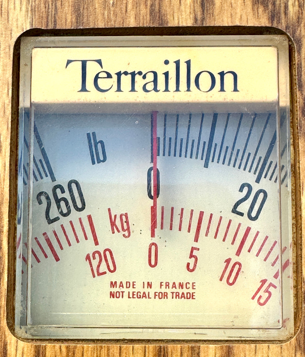 Vtg Mechanical Wooden-Finish Bathroom Scale made by Terraillon in France ~ MCM Bathroom Scale