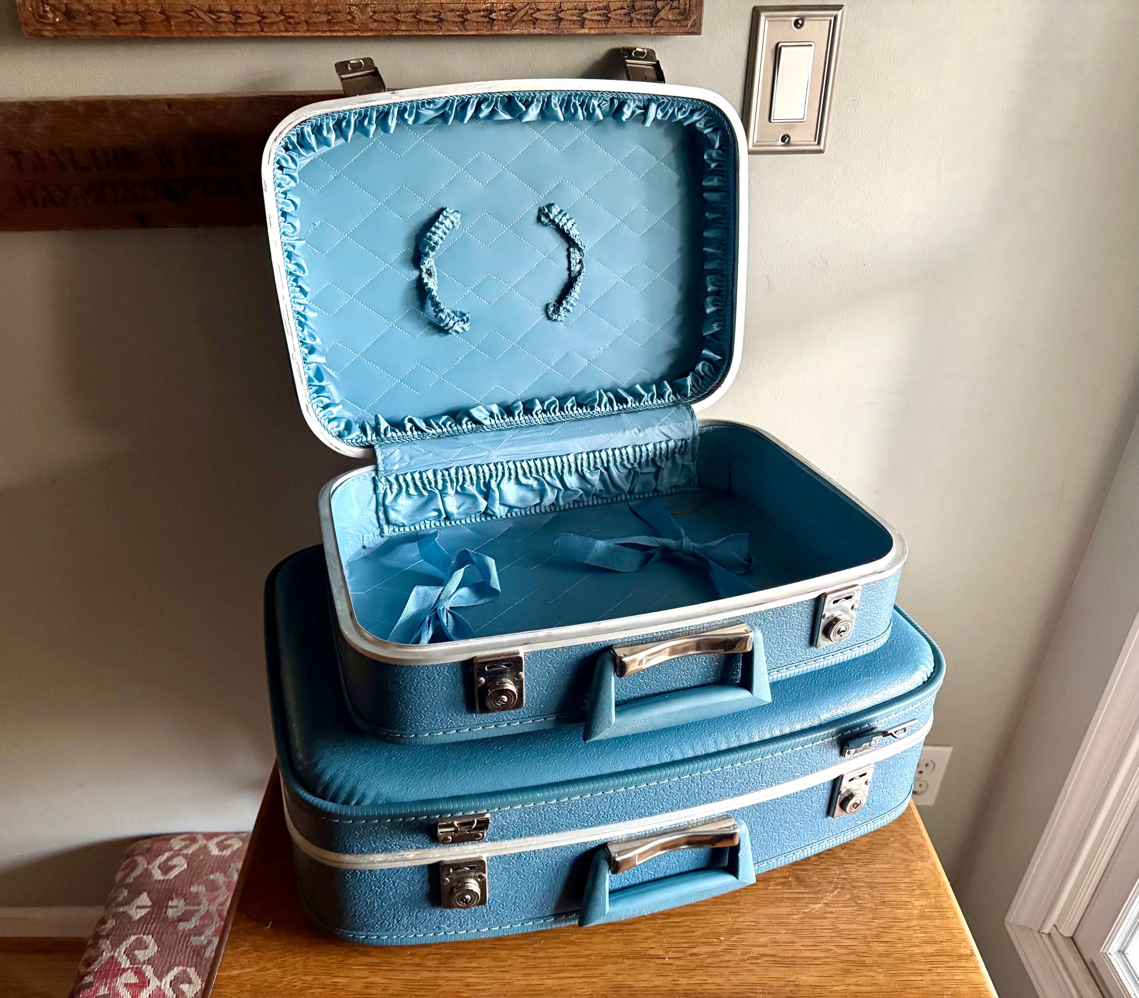 Vtg Pair of Blue Vinyl Nesting Suitcases | 1970's Matching Vinyl Luggage
