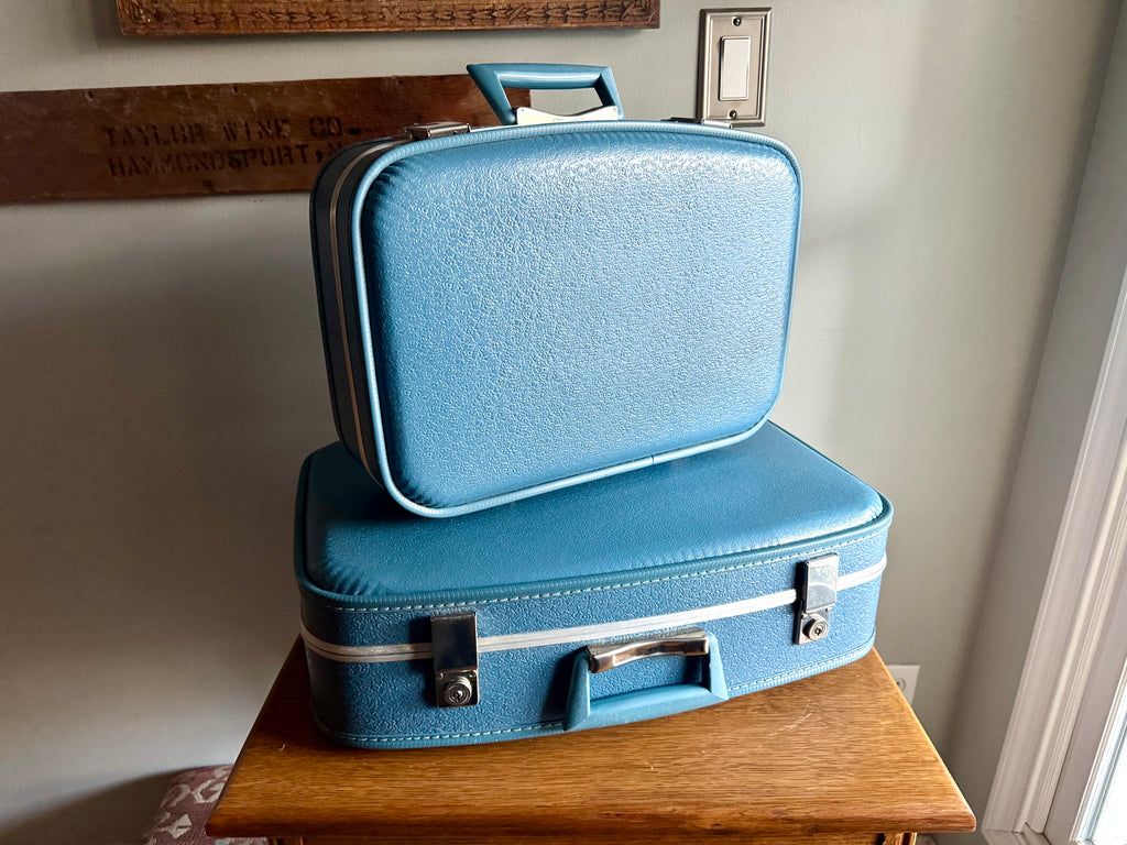Vtg Pair of Blue Vinyl Nesting Suitcases | 1970's Matching Vinyl Luggage