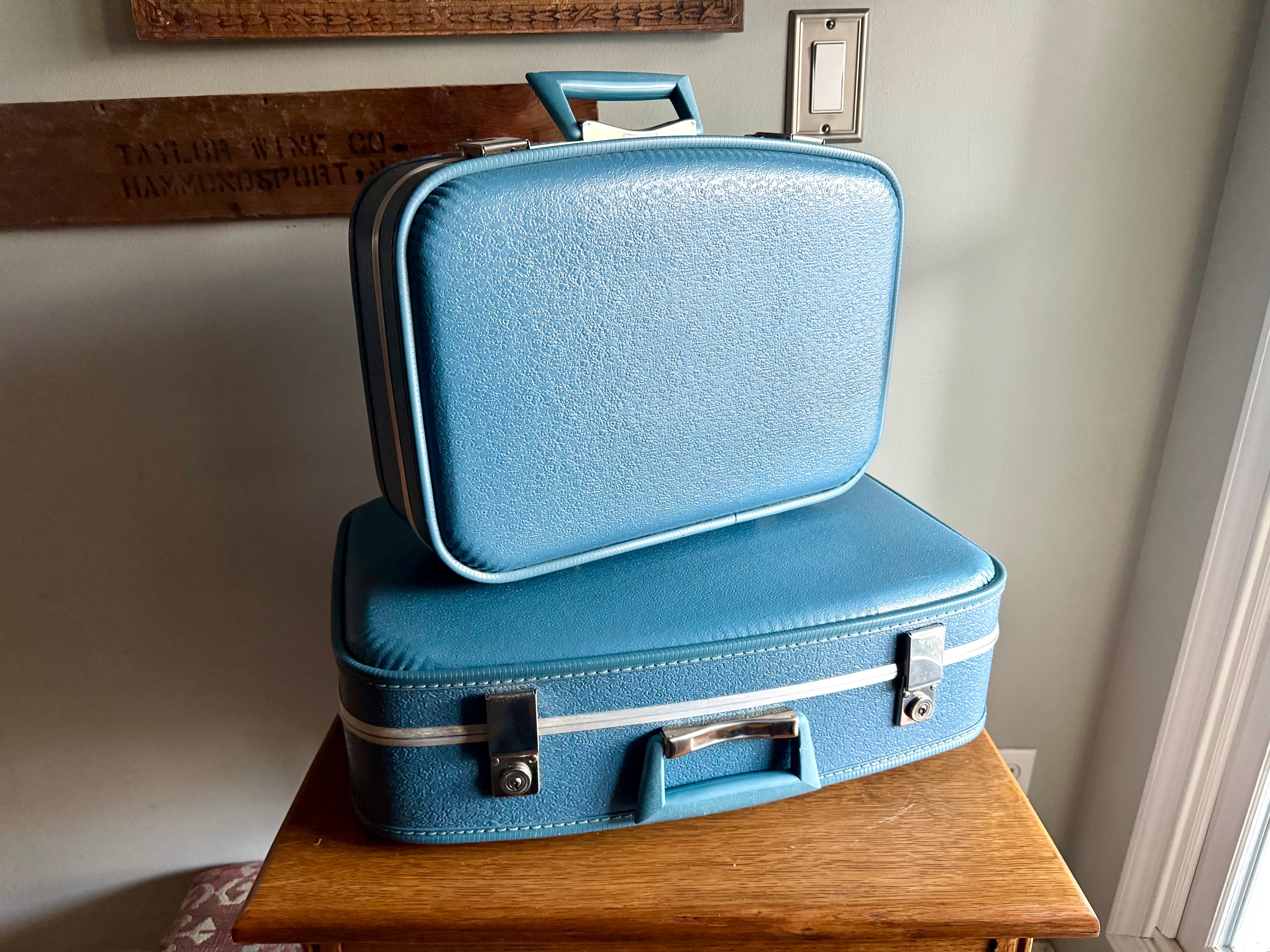Vtg Pair of Blue Vinyl Nesting Suitcases | 1970's Matching Vinyl Luggage
