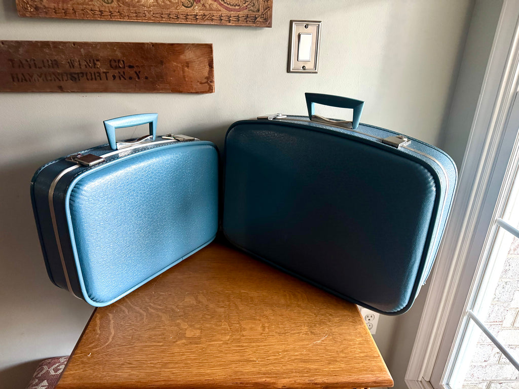 Vtg Pair of Blue Vinyl Nesting Suitcases | 1970's Matching Vinyl Luggage