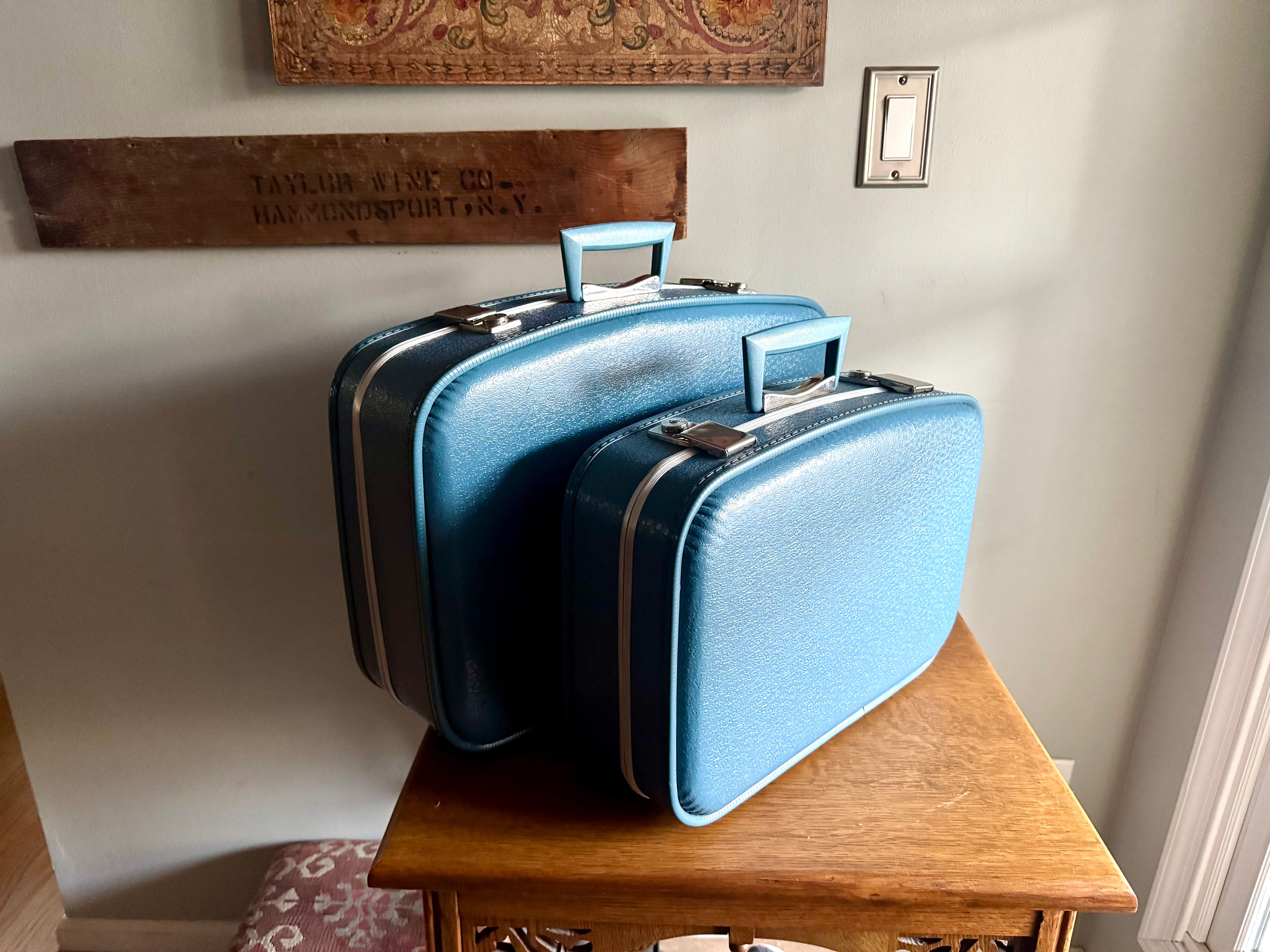 Vtg Pair of Blue Vinyl Nesting Suitcases | 1970's Matching Vinyl Luggage