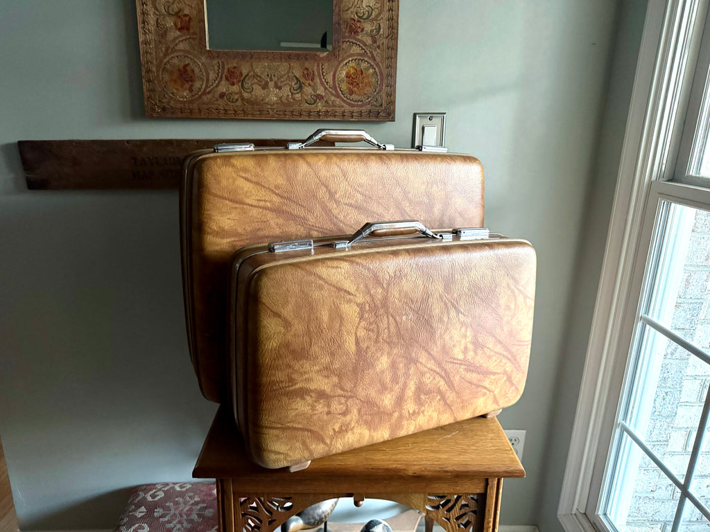 Vtg Pair of Nesting Brown Marble Suitcases | 1970's American Tourister Suitcases