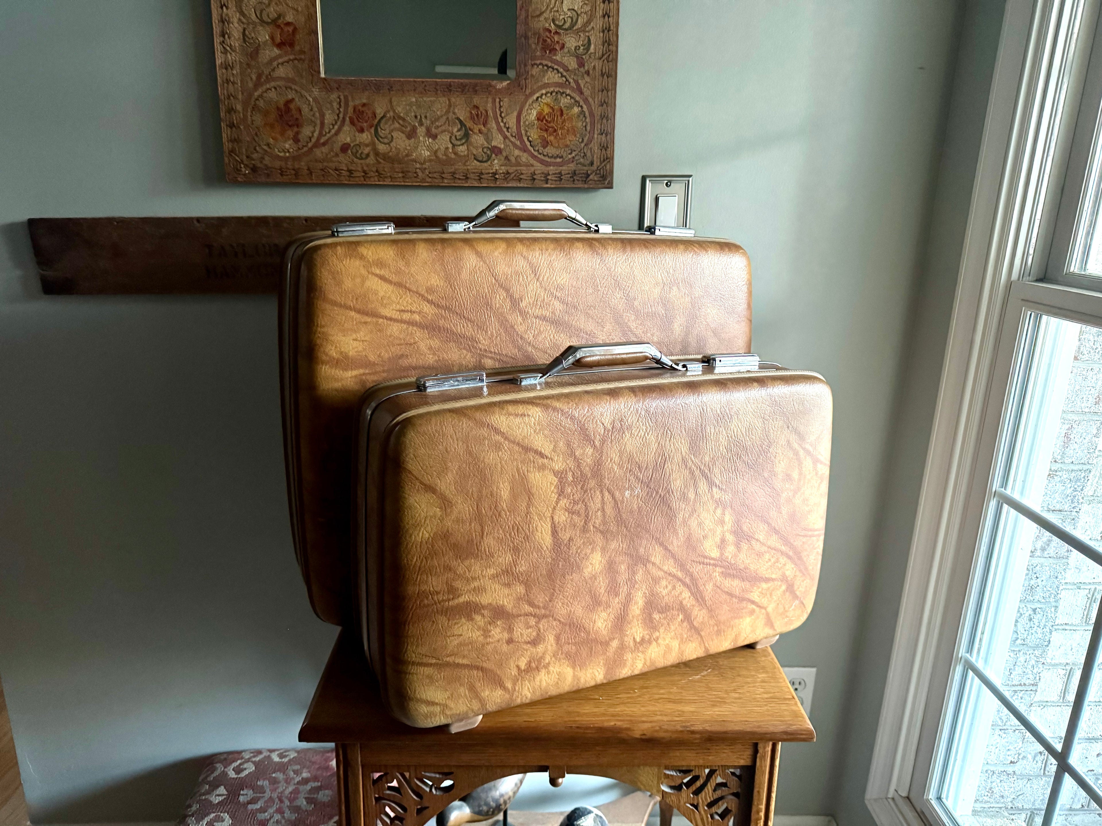 Vtg Pair of Nesting Brown Marble Suitcases | 1970's American Tourister Suitcases