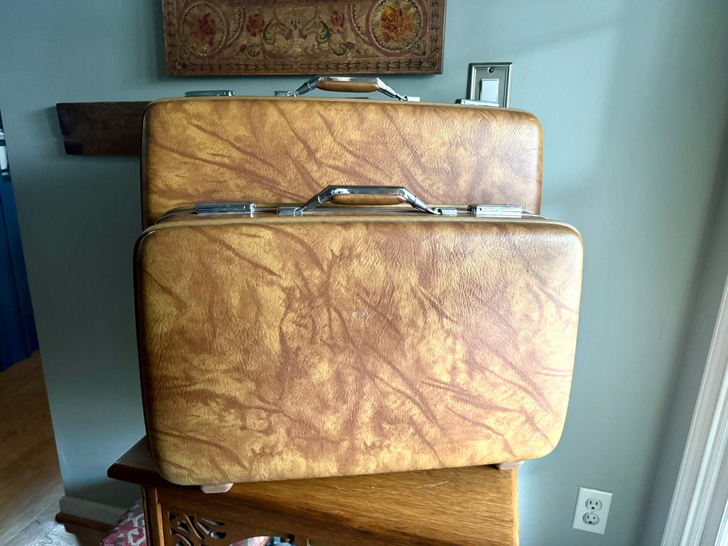 Vtg Pair of Nesting Brown Marble Suitcases | 1970's American Tourister Suitcases