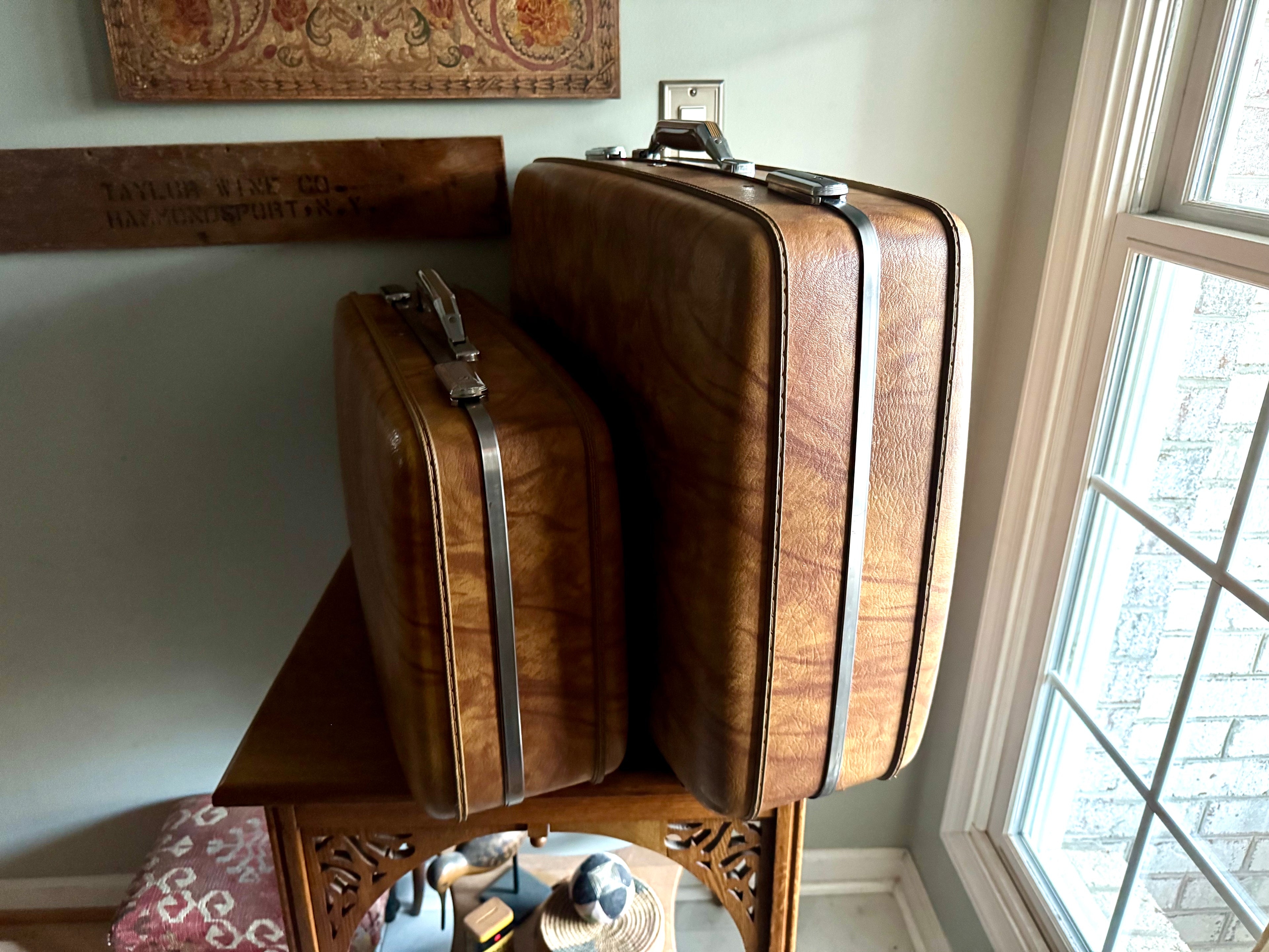 Vtg Pair of Nesting Brown Marble Suitcases | 1970's American Tourister Suitcases