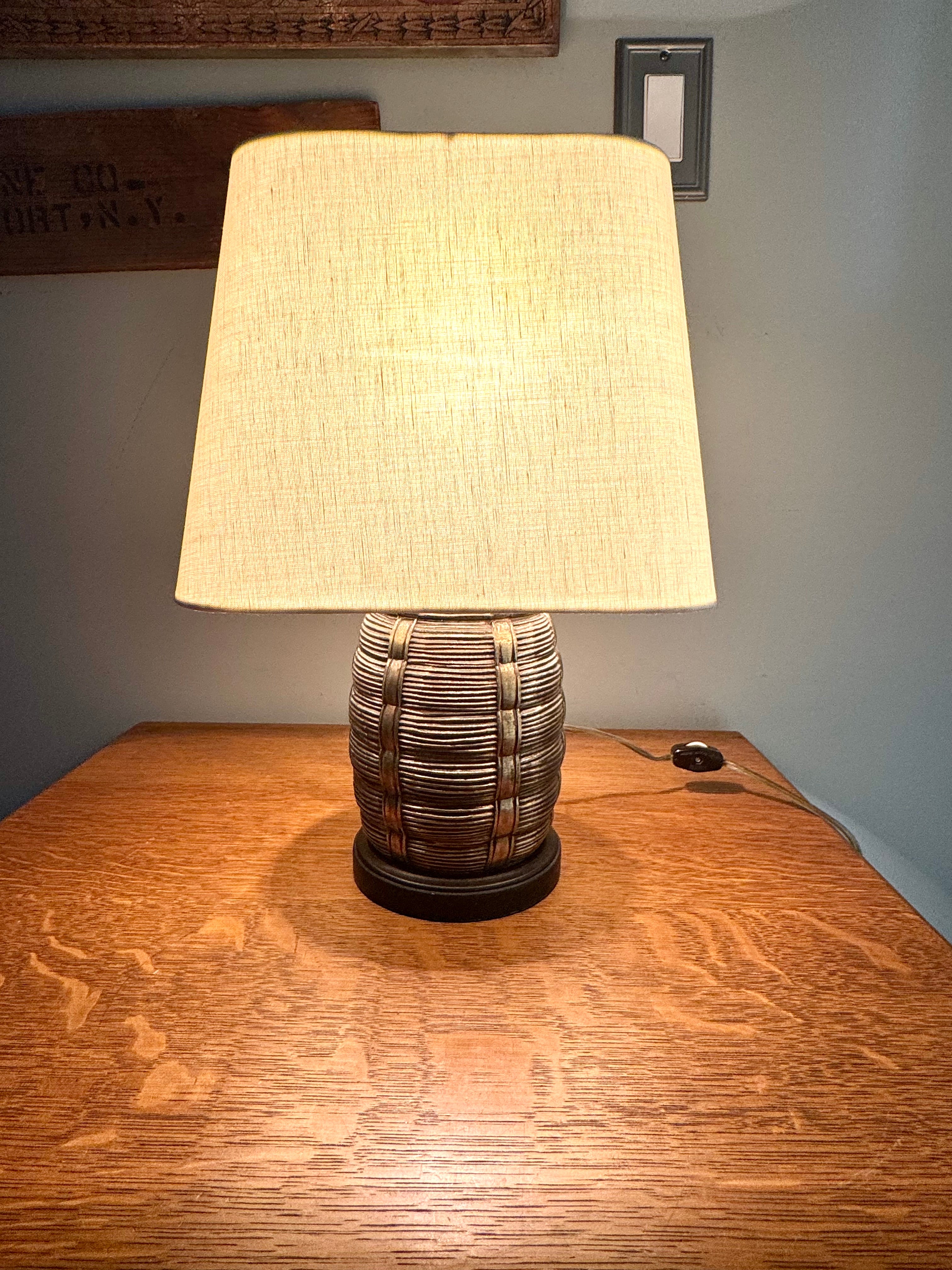Vtg Brass Barrel Table Lamp ~ Faux Wicker Basket Brass Lamp ~ Shade Not included
