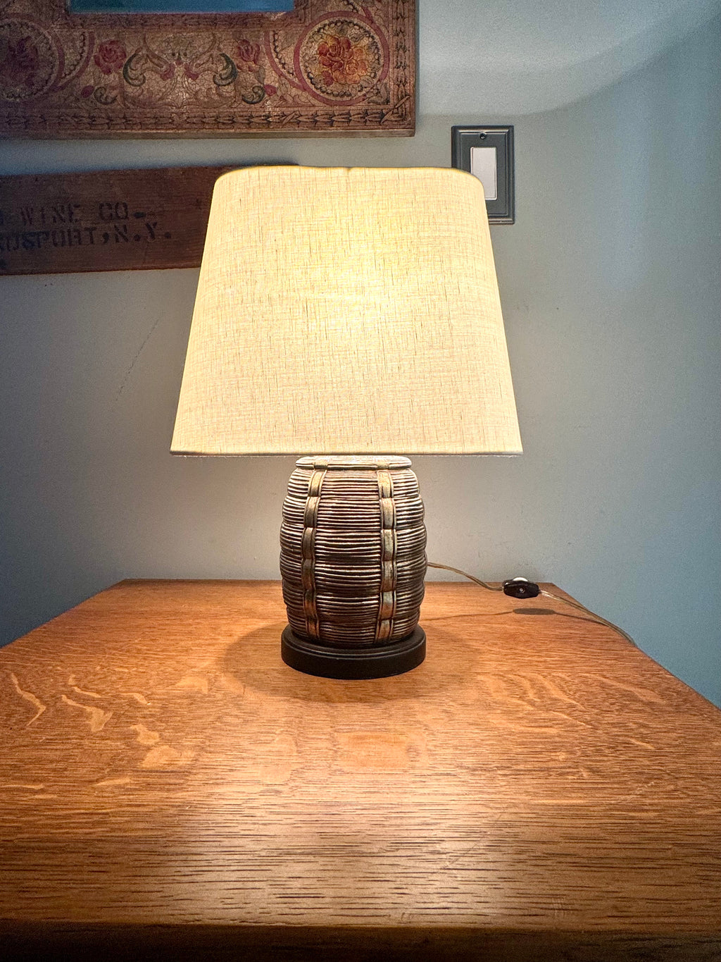 Vtg Brass Barrel Table Lamp ~ Faux Wicker Basket Brass Lamp ~ Shade Not included
