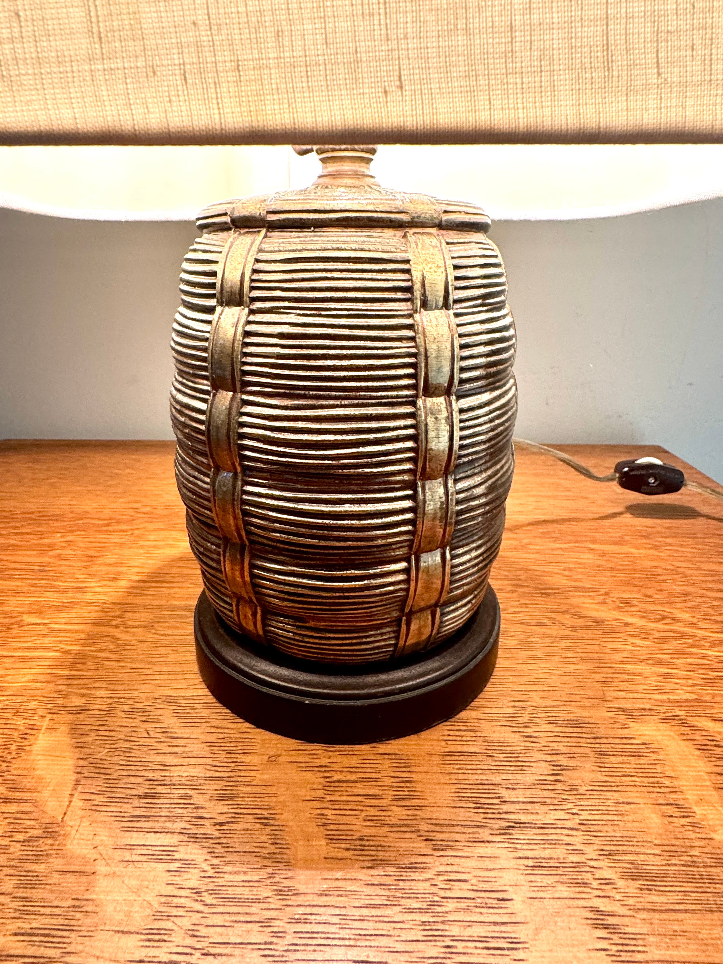 Vtg Brass Barrel Table Lamp ~ Faux Wicker Basket Brass Lamp ~ Shade Not included