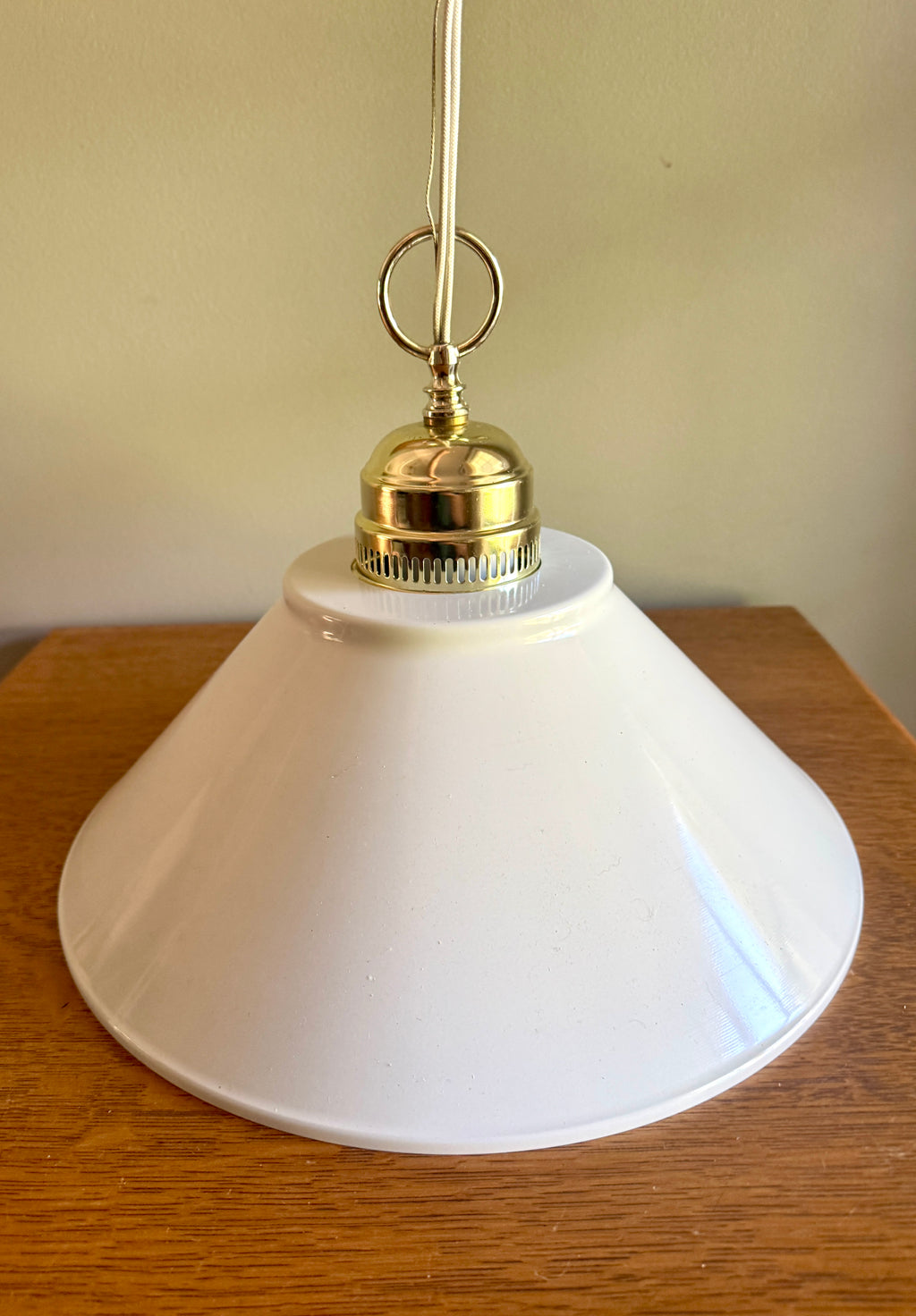 Vtg Thomas Industries Inc. White Enamel and Brass Pendant Light ~ MCM Metal Shade Pendant Lamp