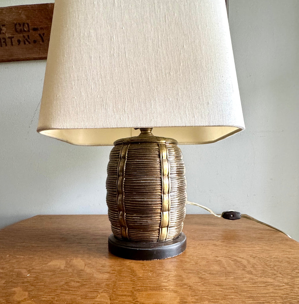 Vtg Brass Barrel Table Lamp ~ Faux Wicker Basket Brass Lamp ~ Shade Not included