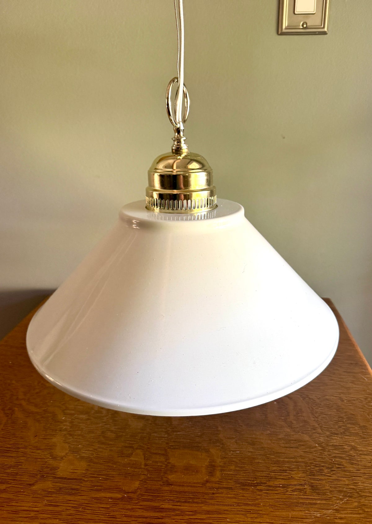 Vtg Thomas Industries Inc. White Enamel and Brass Pendant Light ~ MCM Metal Shade Pendant Lamp
