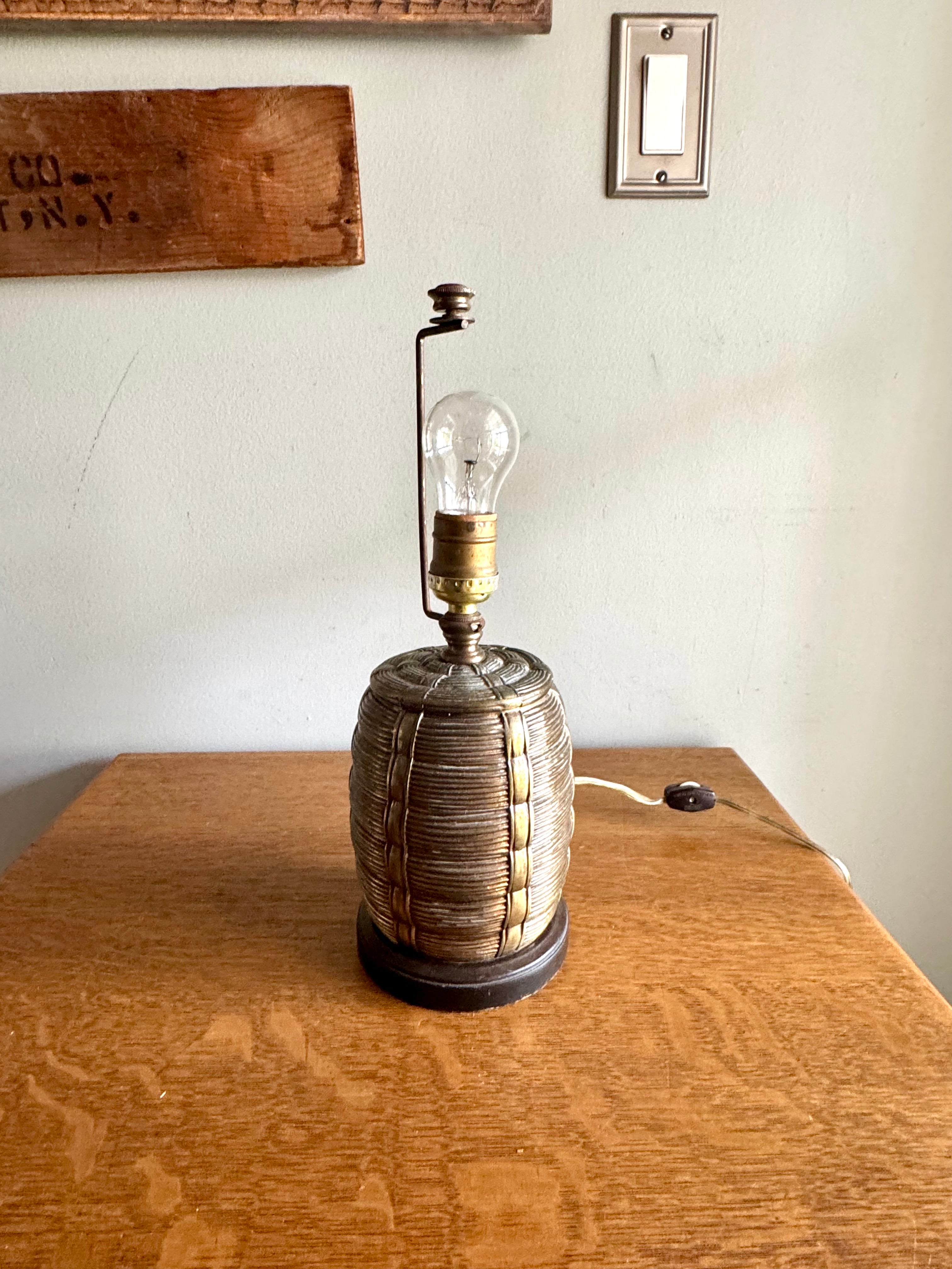 Vtg Brass Barrel Table Lamp ~ Faux Wicker Basket Brass Lamp ~ Shade Not included