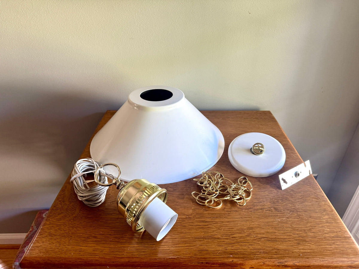 Vtg Thomas Industries Inc. White Enamel and Brass Pendant Light ~ MCM Metal Shade Pendant Lamp