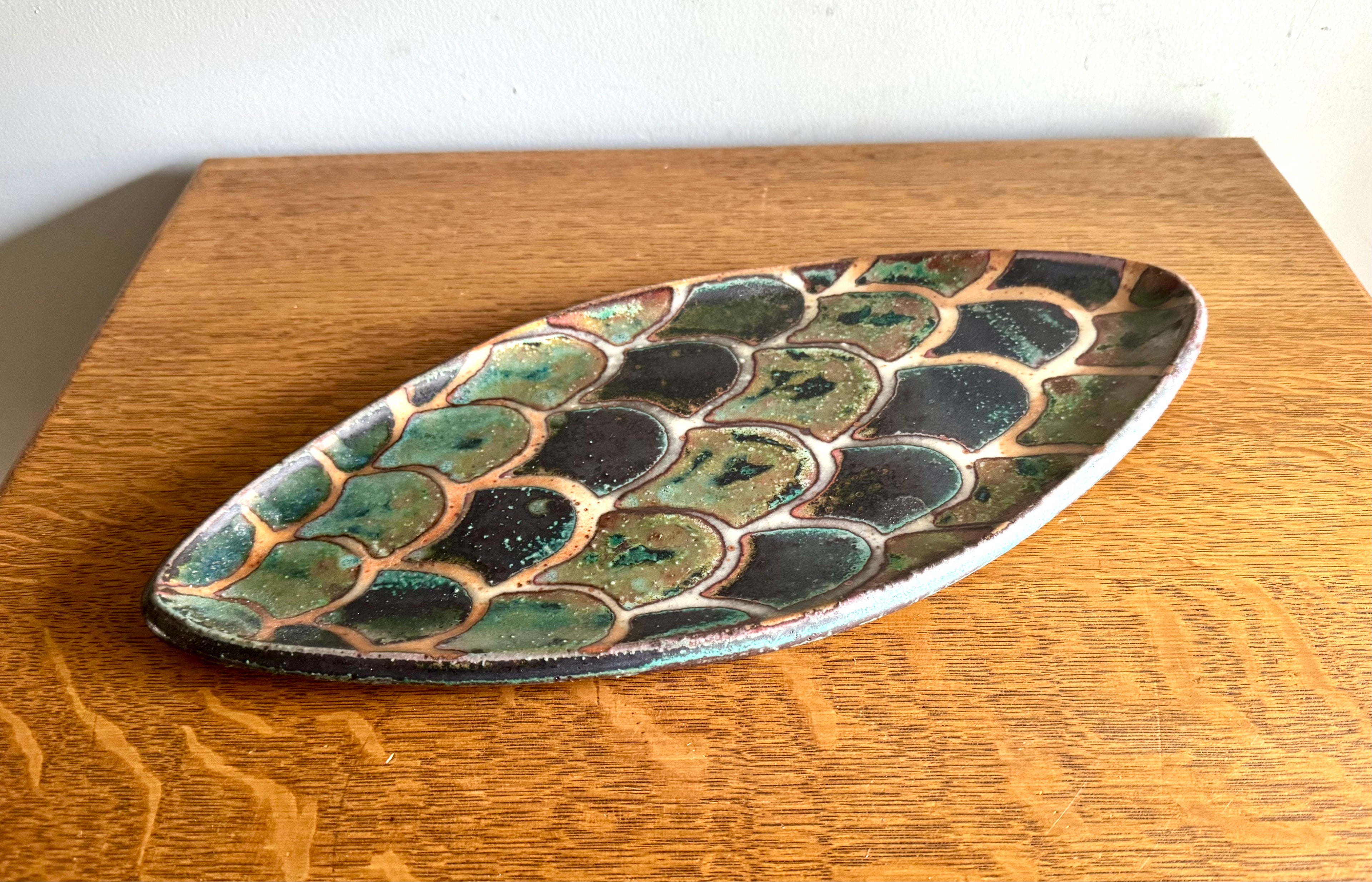 Vtg Stoneware Peter Karner Studio Tray | Oval Glazed Tray | Fish Scale Glazed Tray