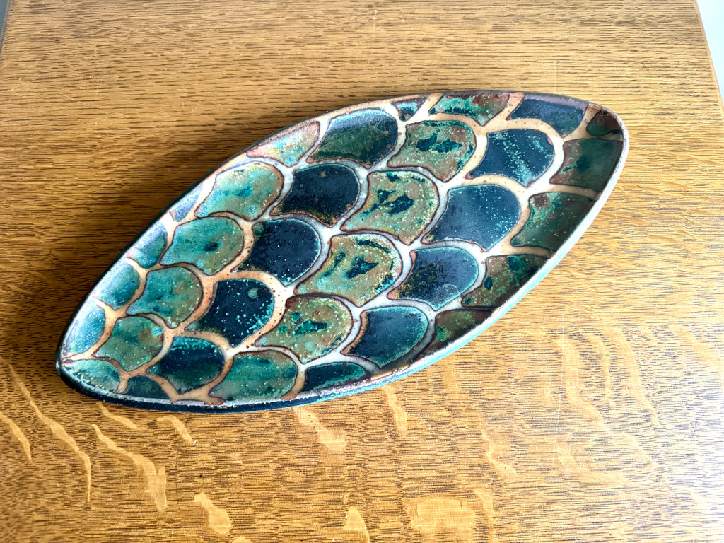 Vtg Stoneware Peter Karner Studio Tray | Oval Glazed Tray | Fish Scale Glazed Tray