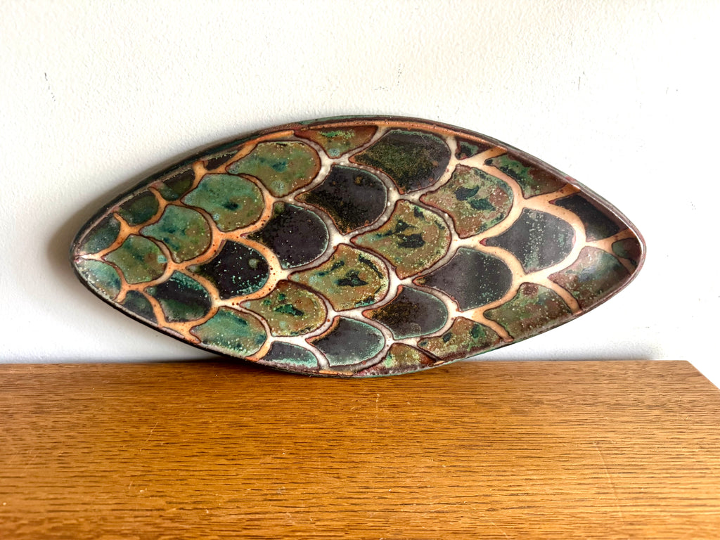 Vtg Stoneware Peter Karner Studio Tray | Oval Glazed Tray | Fish Scale Glazed Tray