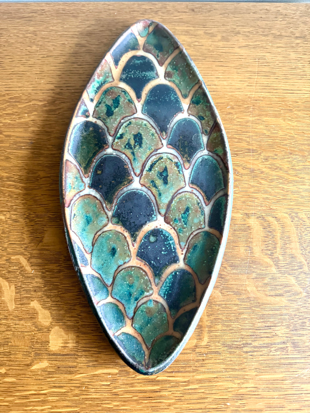 Vtg Stoneware Peter Karner Studio Tray | Oval Glazed Tray | Fish Scale Glazed Tray