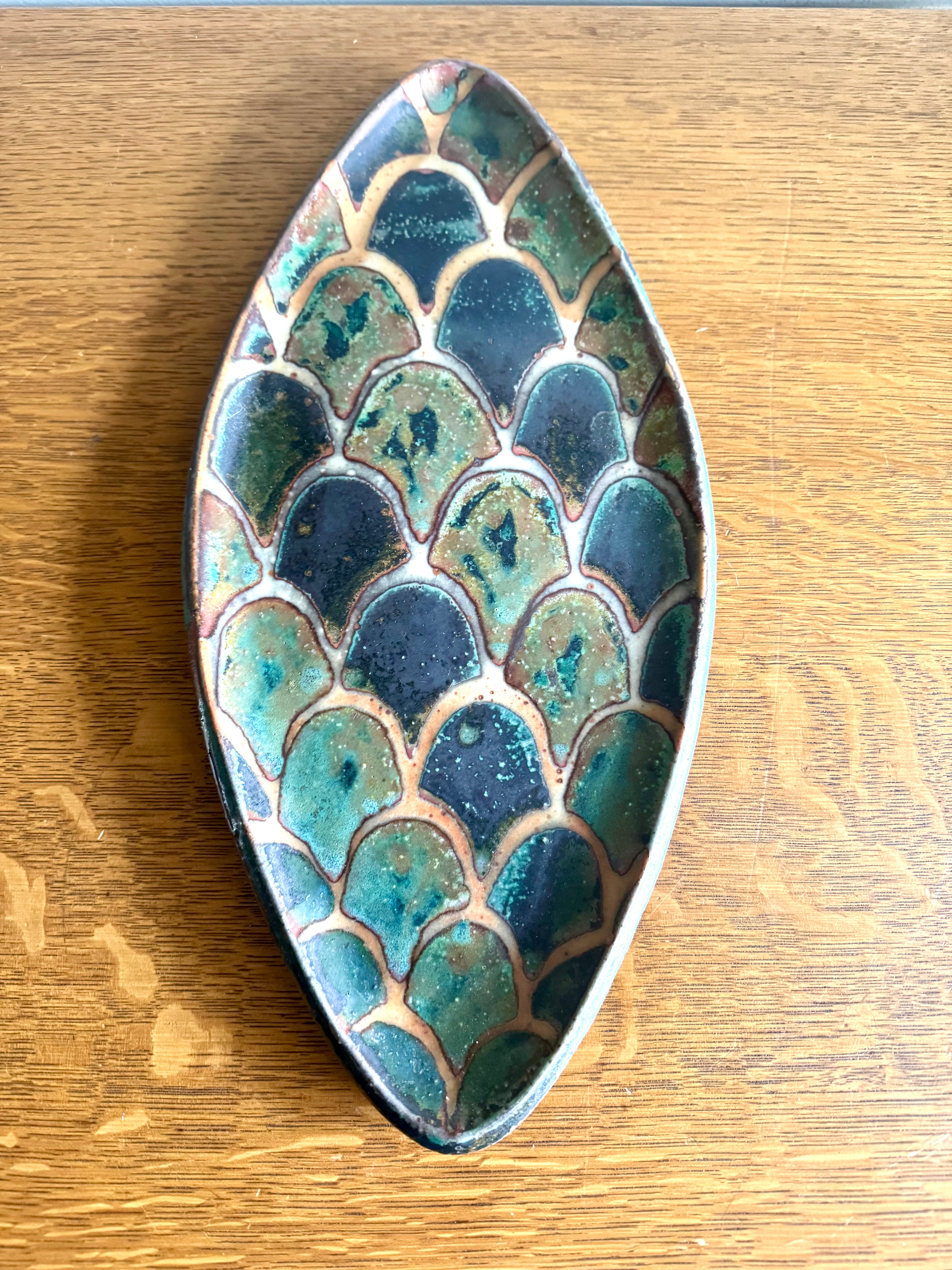 Vtg Stoneware Peter Karner Studio Tray | Oval Glazed Tray | Fish Scale Glazed Tray