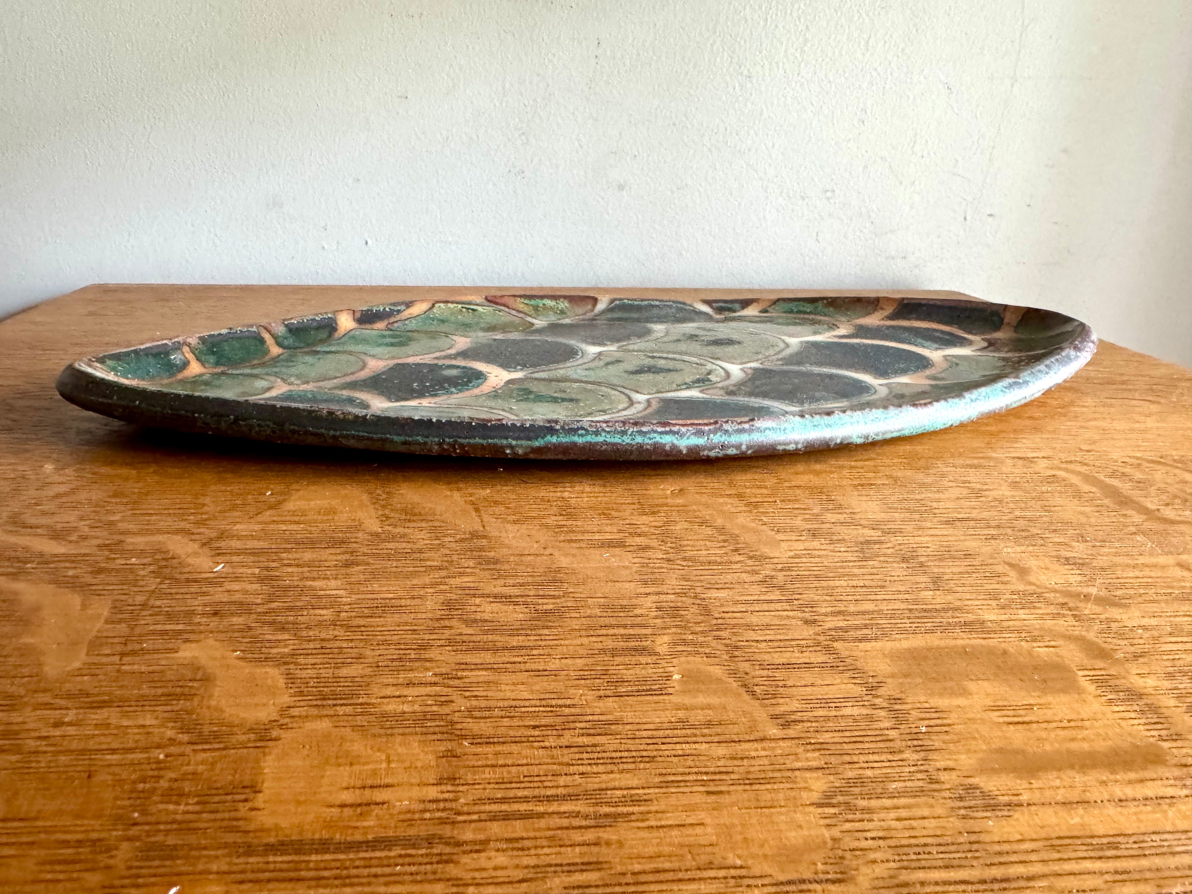 Vtg Stoneware Peter Karner Studio Tray | Oval Glazed Tray | Fish Scale Glazed Tray