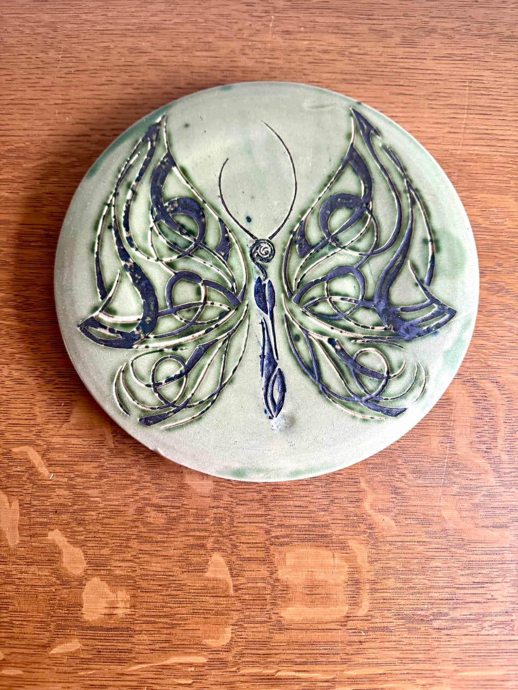Vtg Studio Art Butterfly Stoneware Trivet | Blue and Green Glazed Butterfly Trivet