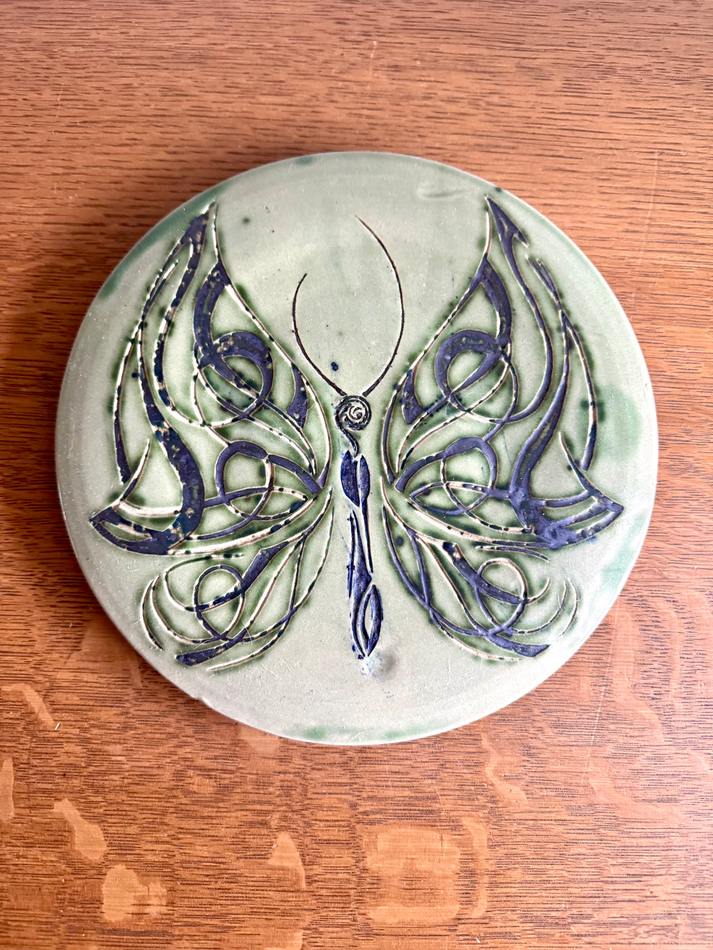 Vtg Studio Art Butterfly Stoneware Trivet | Blue and Green Glazed Butterfly Trivet