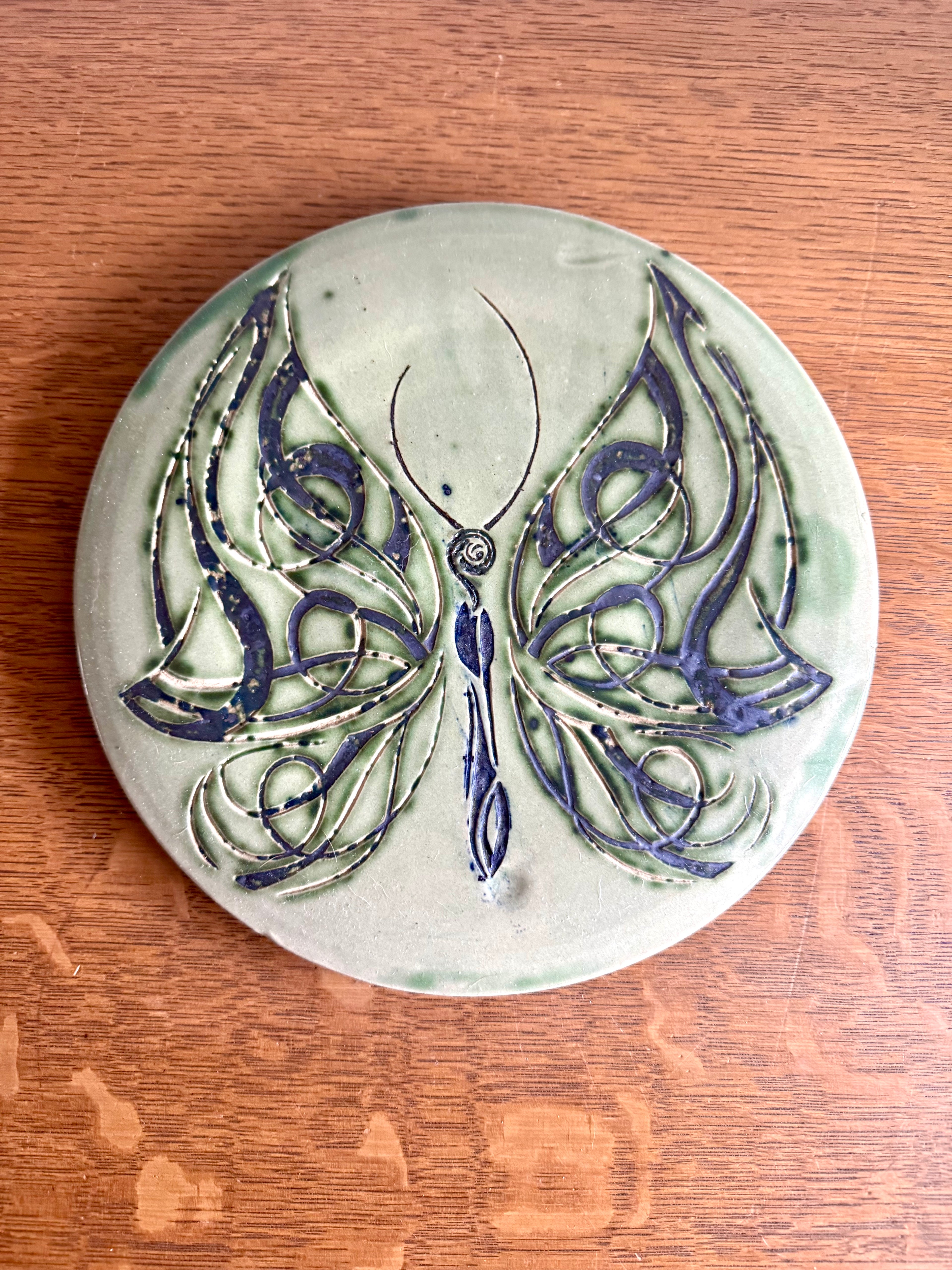 Vtg Studio Art Butterfly Stoneware Trivet | Blue and Green Glazed Butterfly Trivet