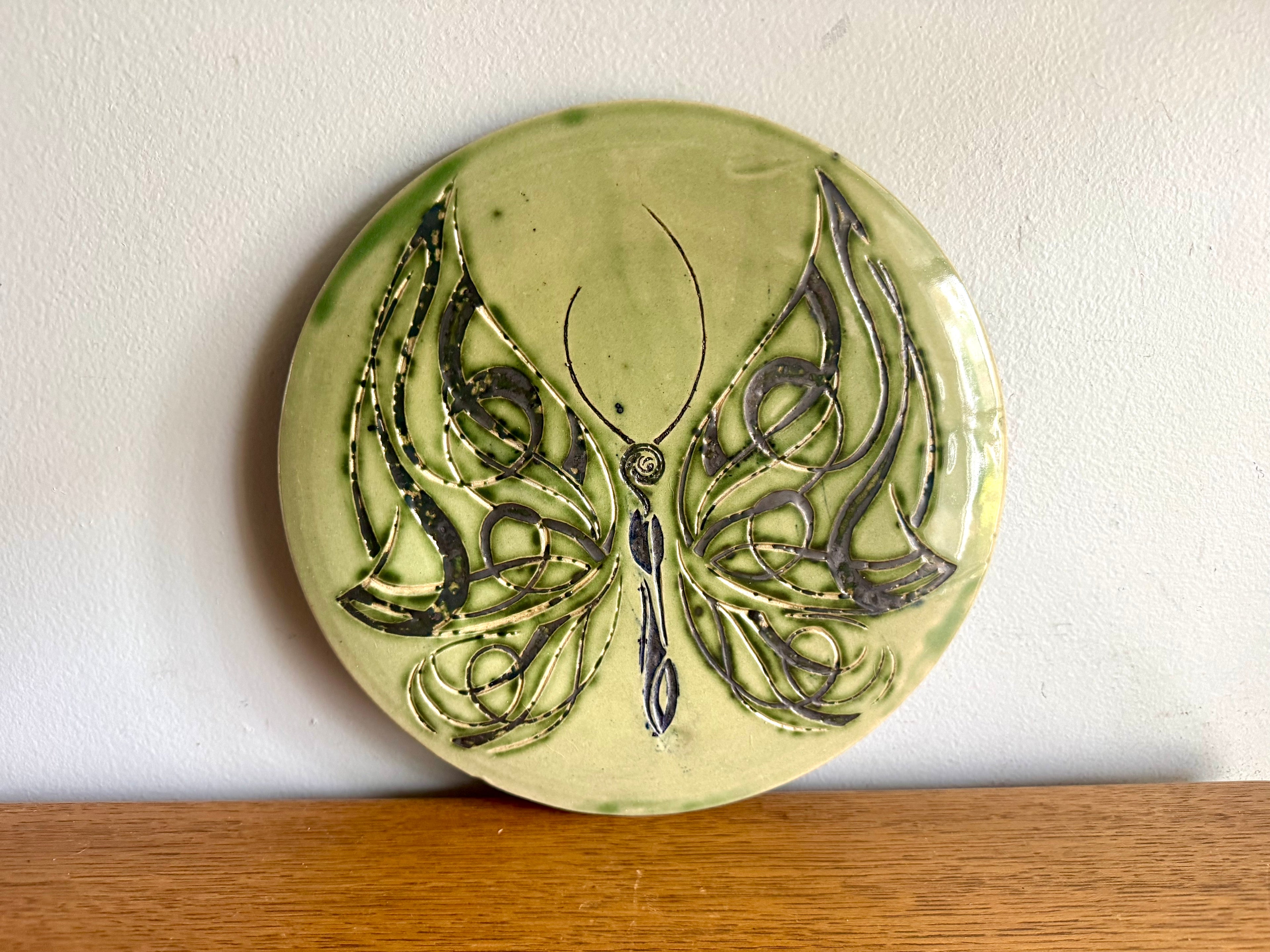Vtg Studio Art Butterfly Stoneware Trivet | Blue and Green Glazed Butterfly Trivet