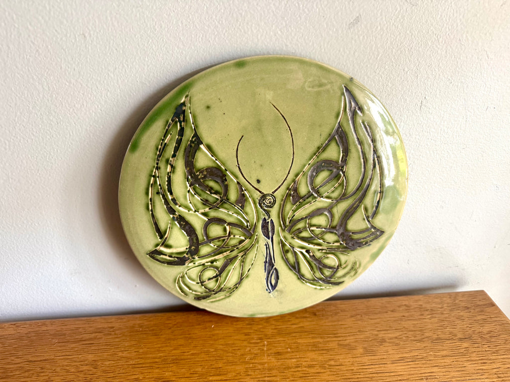 Vtg Studio Art Butterfly Stoneware Trivet | Blue and Green Glazed Butterfly Trivet