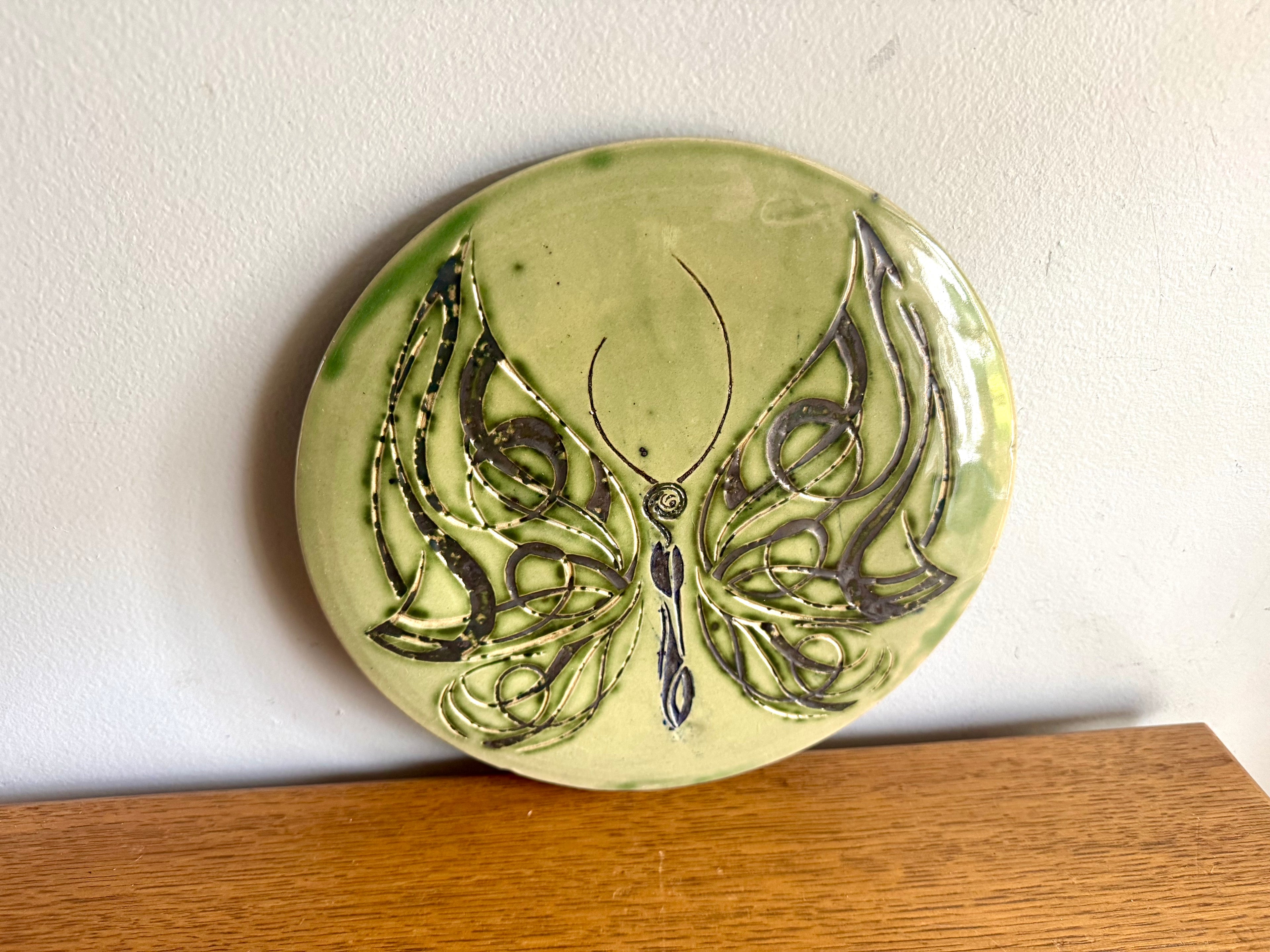 Vtg Studio Art Butterfly Stoneware Trivet | Blue and Green Glazed Butterfly Trivet