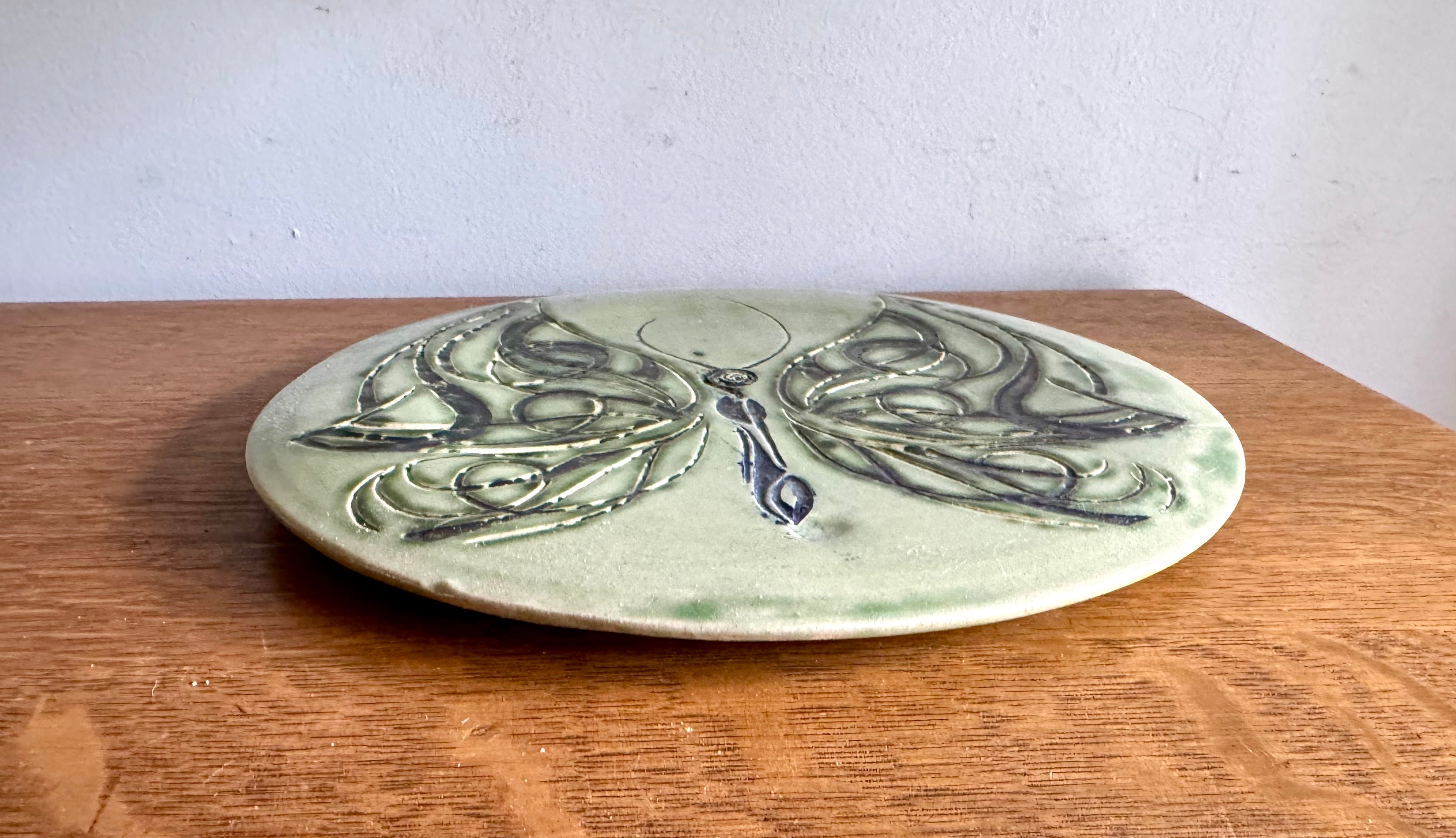 Vtg Studio Art Butterfly Stoneware Trivet | Blue and Green Glazed Butterfly Trivet