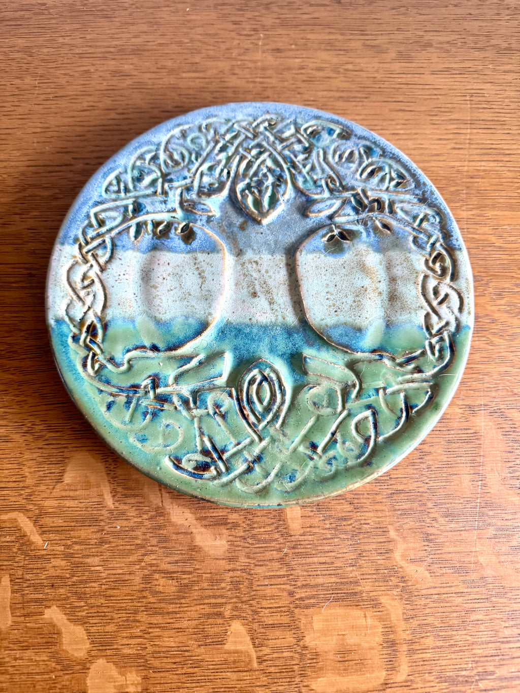 Vtg Studio Art Celtic Tree Of Life Stoneware Trivet | Blue and Green Glazed Celtic Tree Trivet