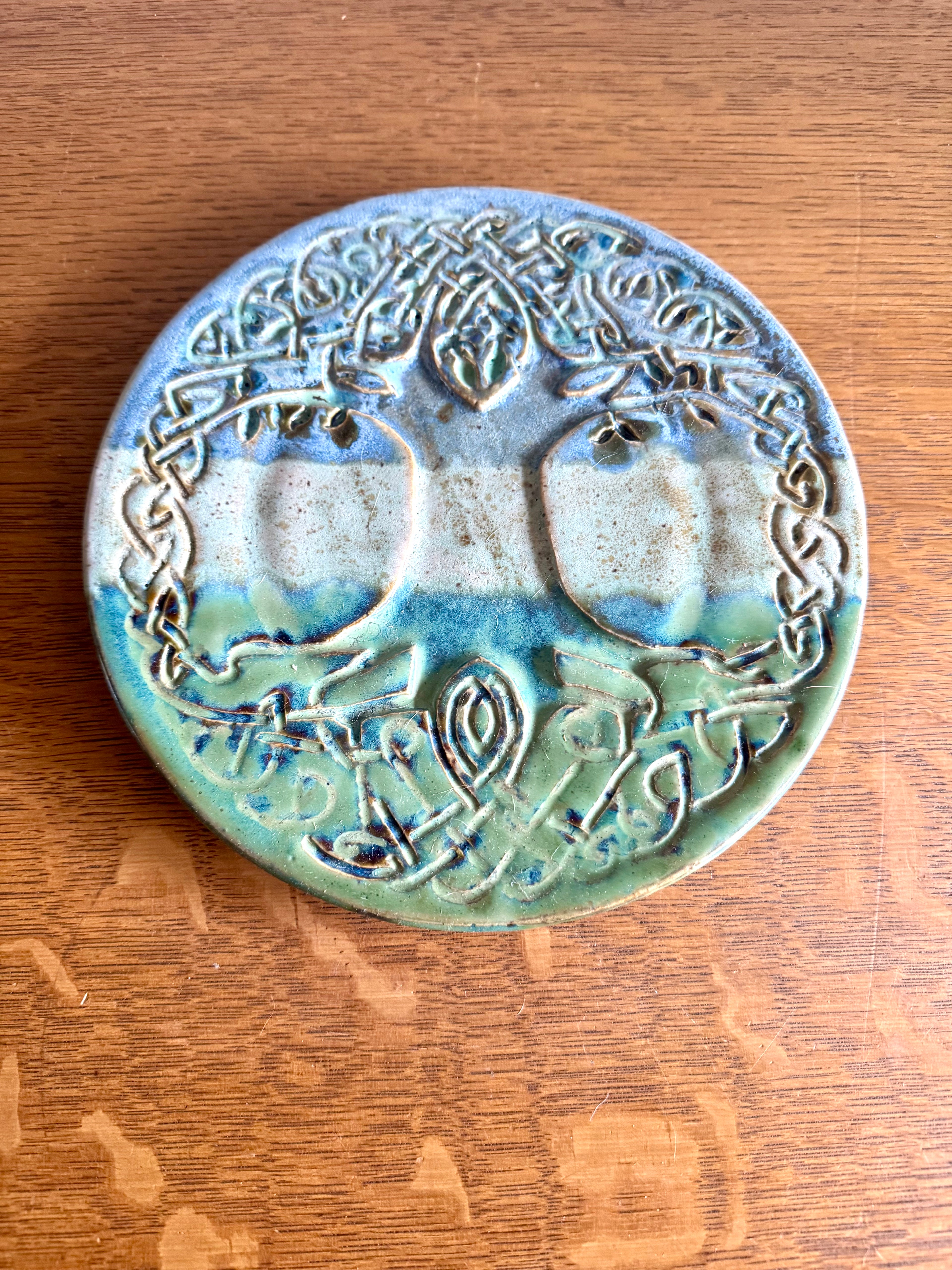 Vtg Studio Art Celtic Tree Of Life Stoneware Trivet | Blue and Green Glazed Celtic Tree Trivet