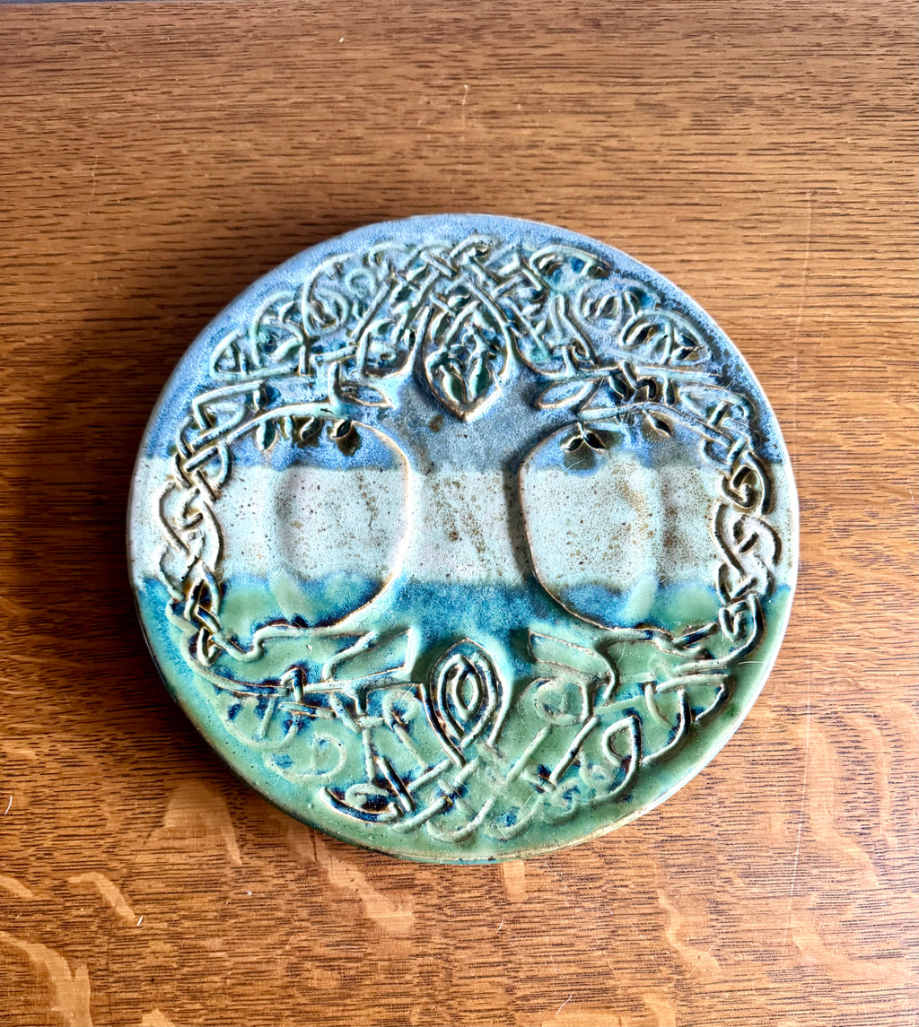 Vtg Studio Art Celtic Tree Of Life Stoneware Trivet | Blue and Green Glazed Celtic Tree Trivet