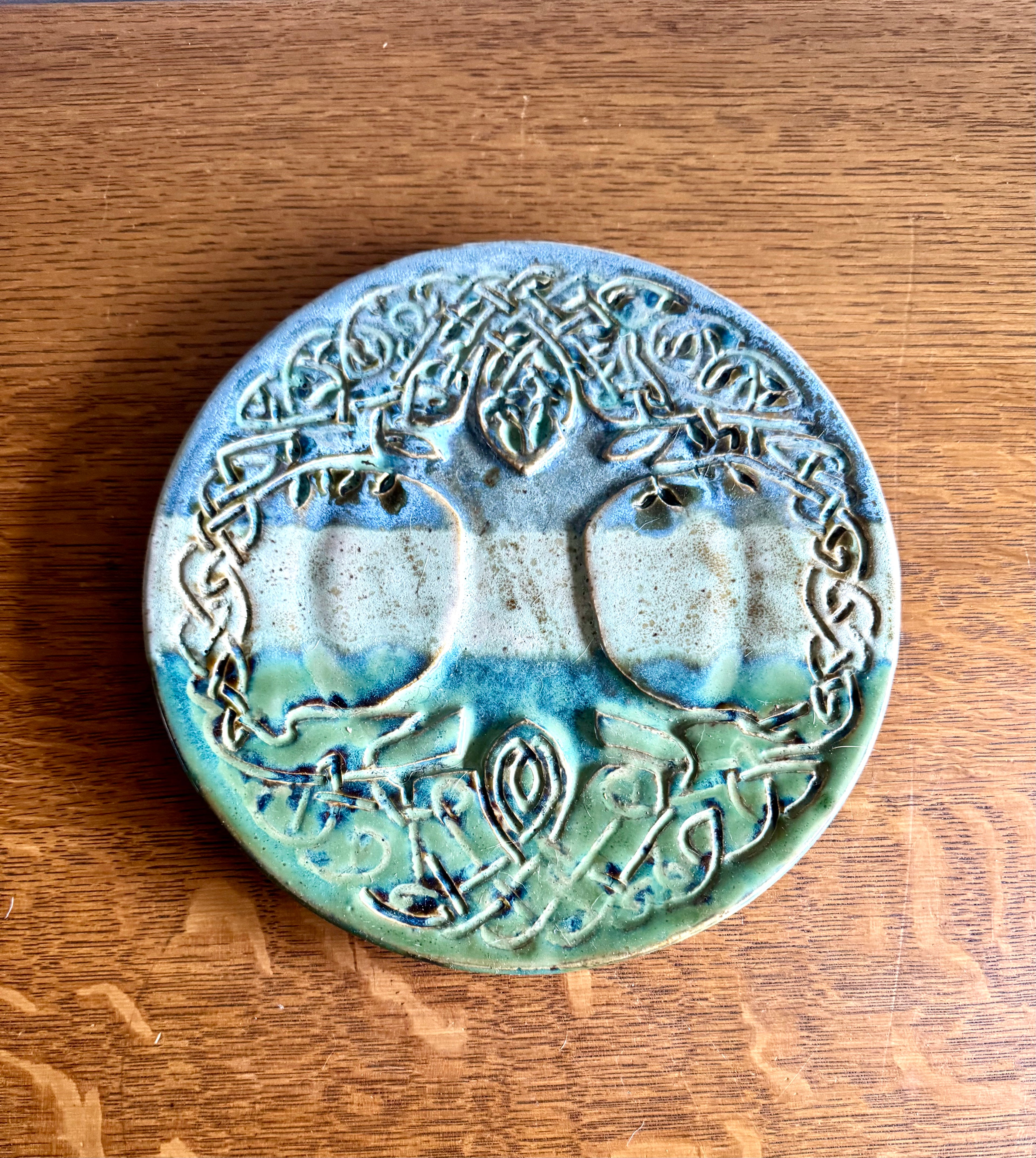 Vtg Studio Art Celtic Tree Of Life Stoneware Trivet | Blue and Green Glazed Celtic Tree Trivet