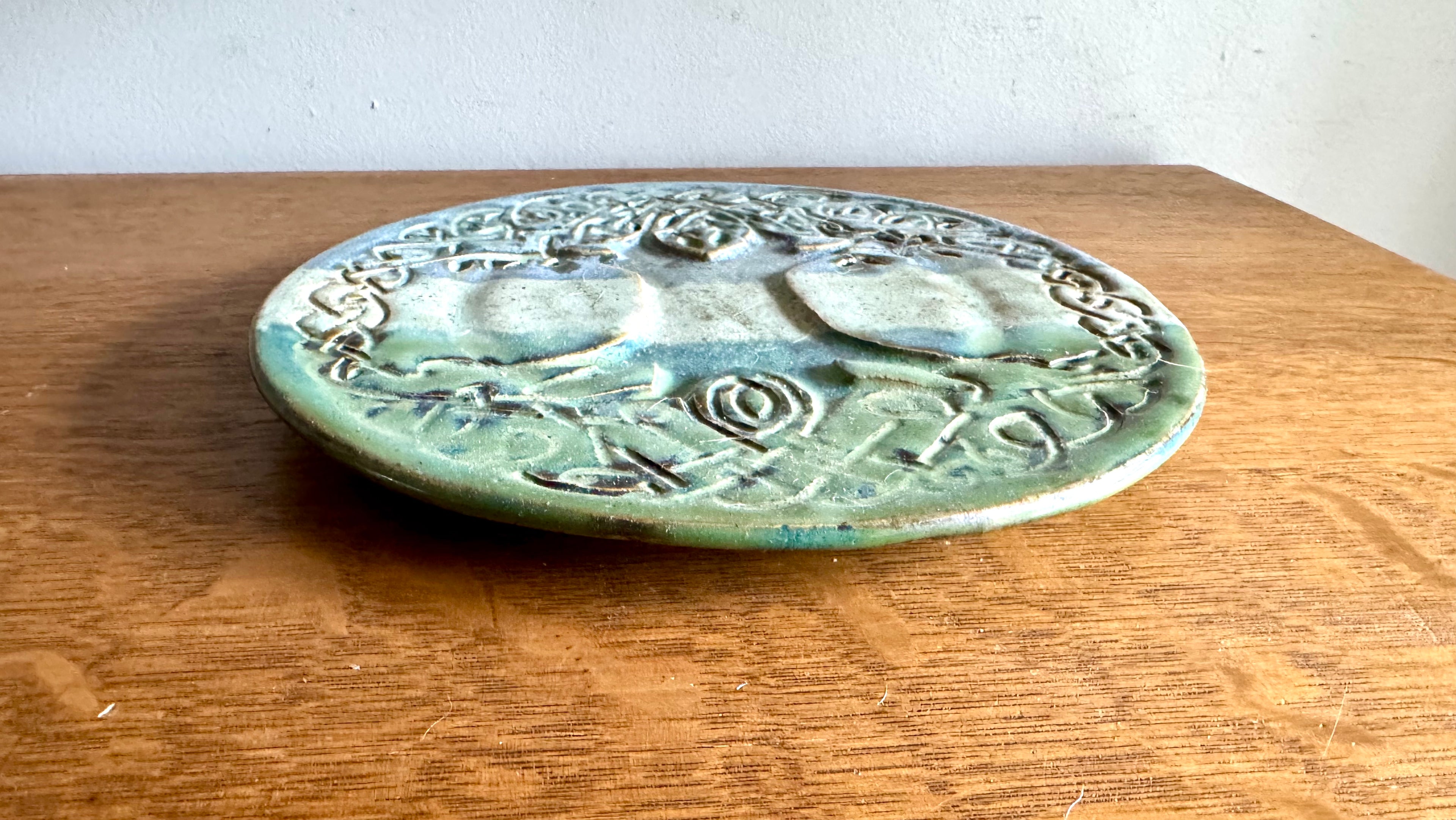 Vtg Studio Art Celtic Tree Of Life Stoneware Trivet | Blue and Green Glazed Celtic Tree Trivet