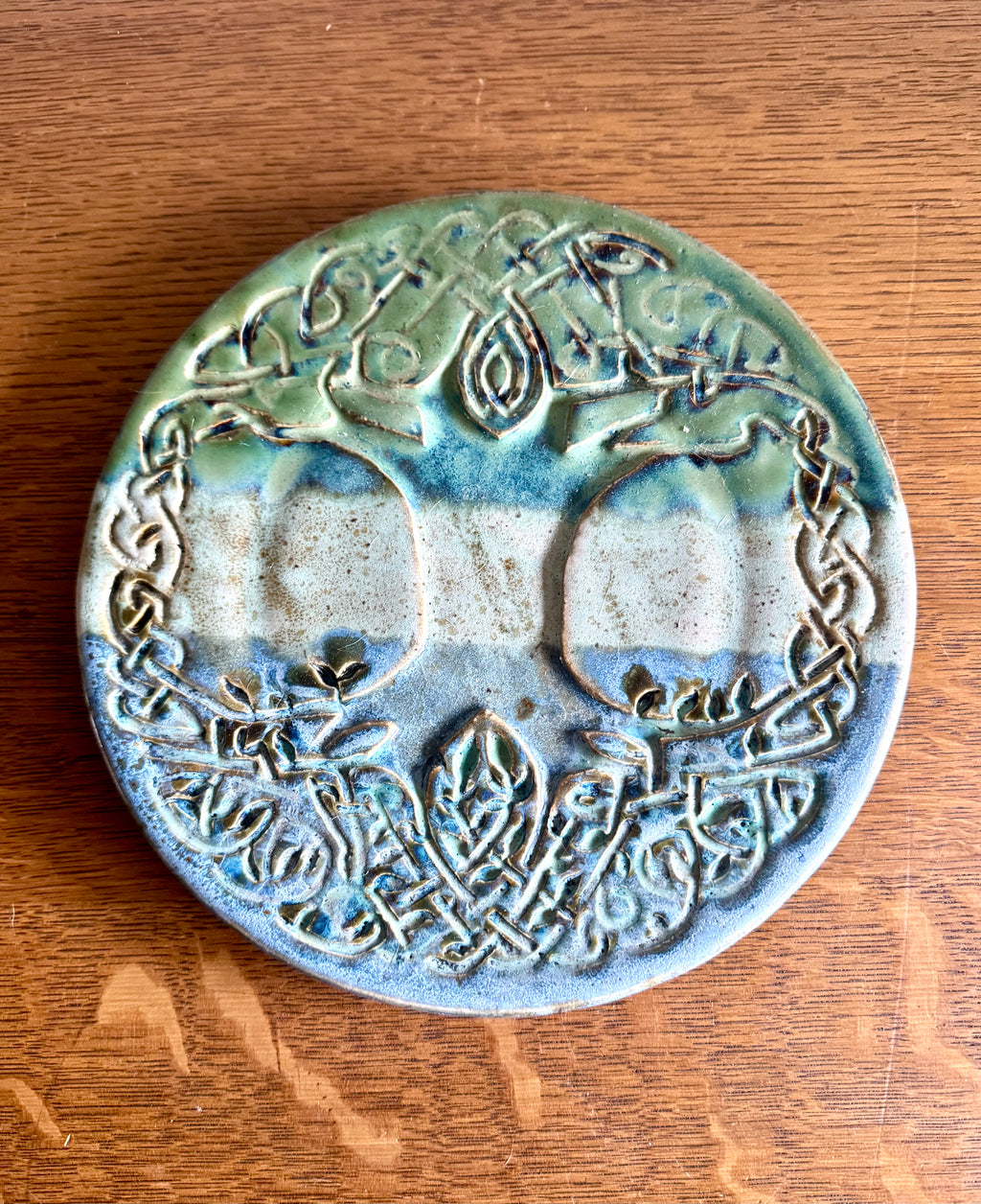 Vtg Studio Art Celtic Tree Of Life Stoneware Trivet | Blue and Green Glazed Celtic Tree Trivet