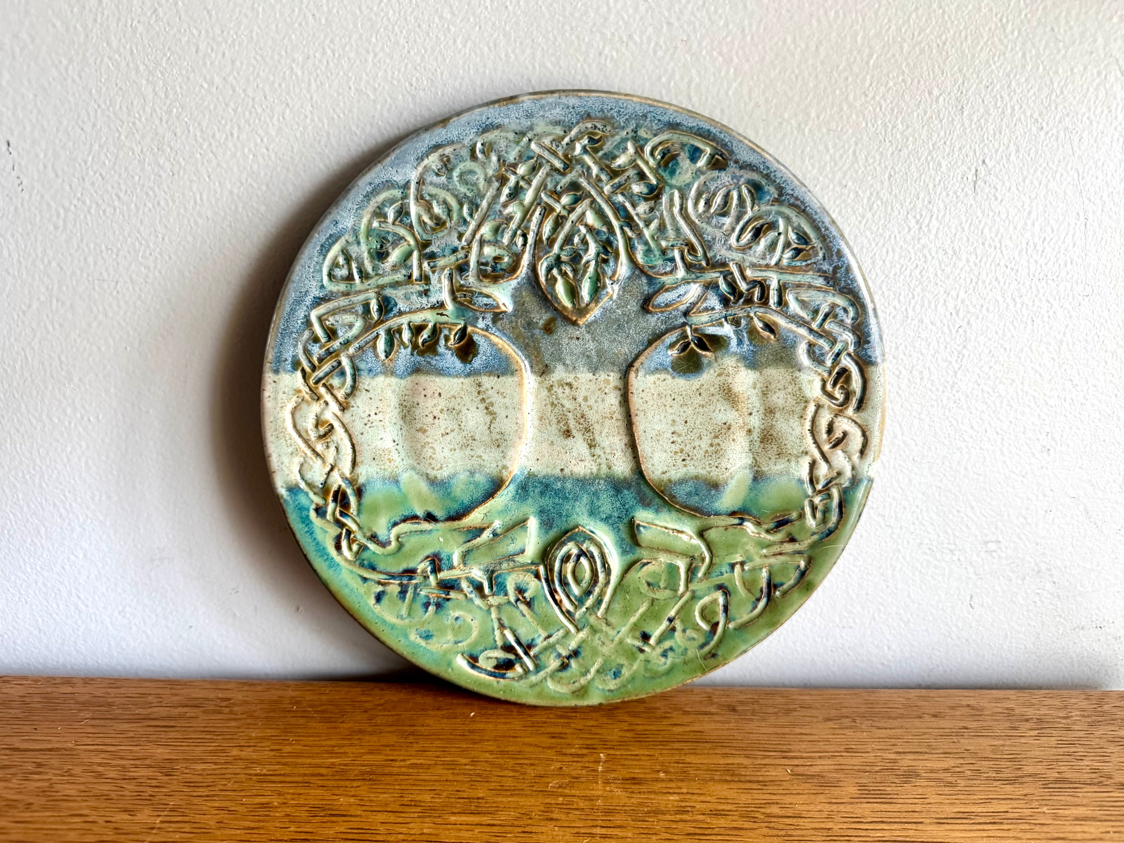 Vtg Studio Art Celtic Tree Of Life Stoneware Trivet | Blue and Green Glazed Celtic Tree Trivet
