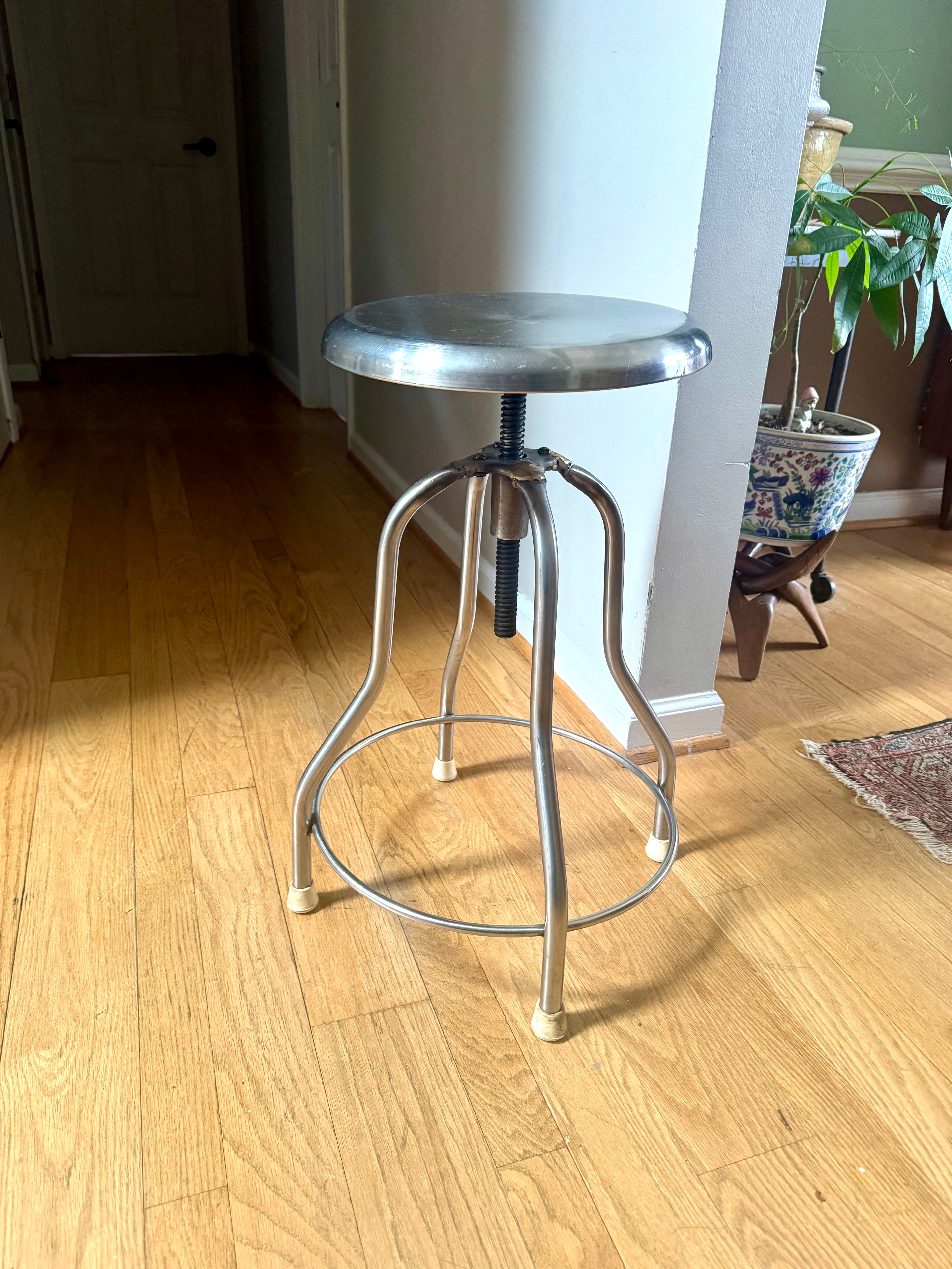 Vtg Stainless Steel Adjustable Stool | Metal Medical Swivel Stool